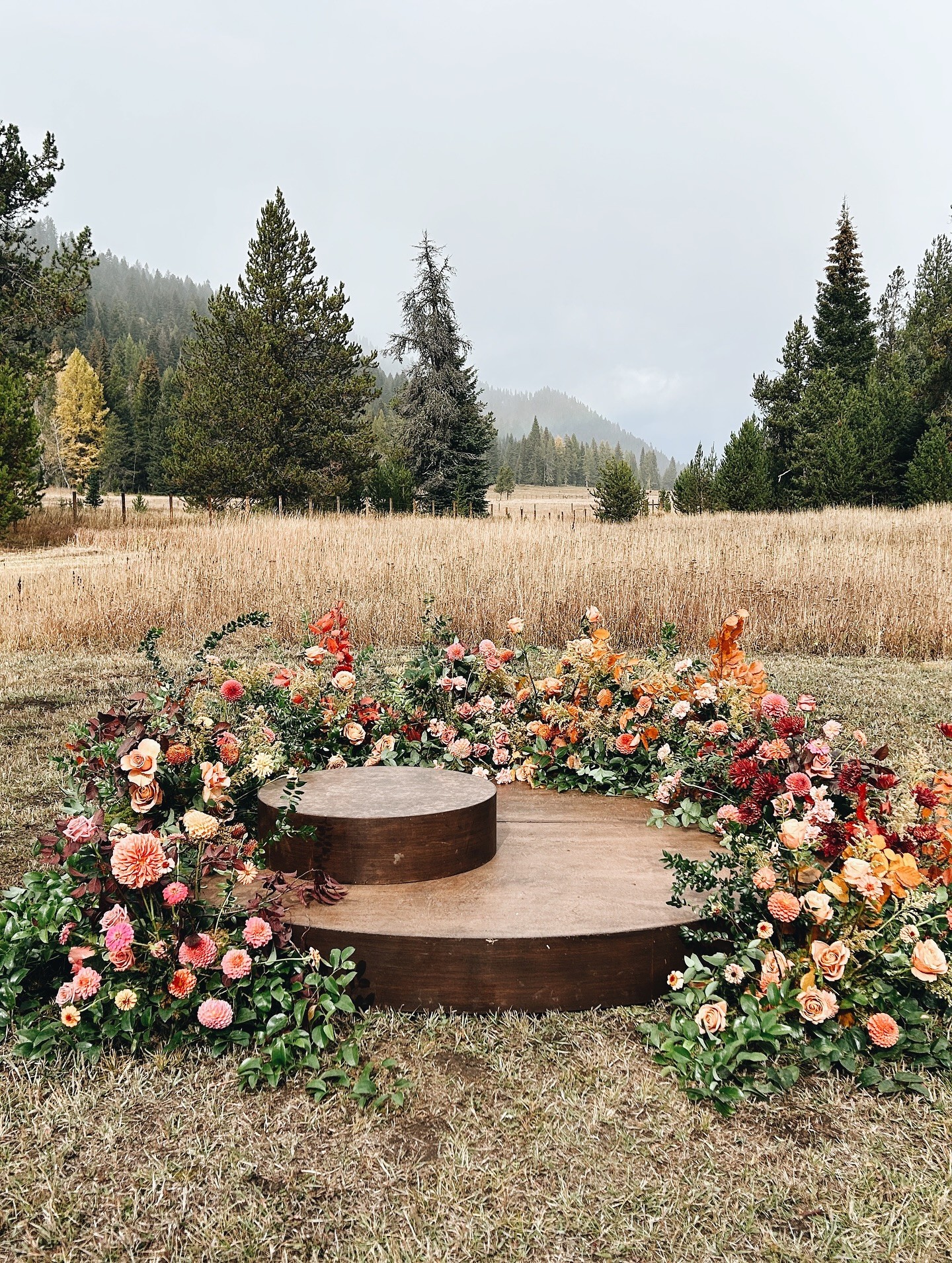 Wooden platform surrounded by colorful flowers in a grassy field with trees and mountains in the background.