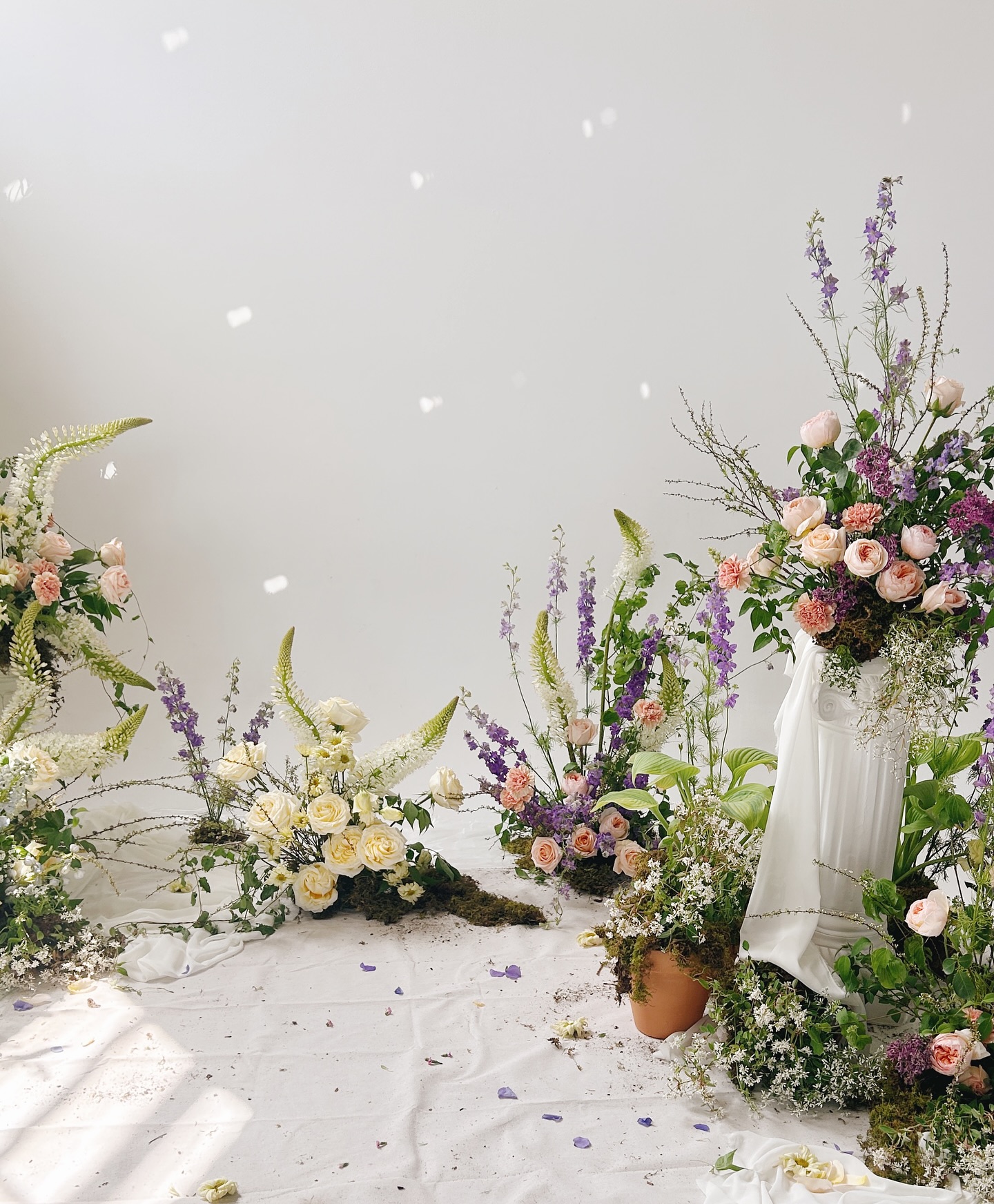 Arrangement of various flowers in vases and pots on a white surface, with a plain light background.