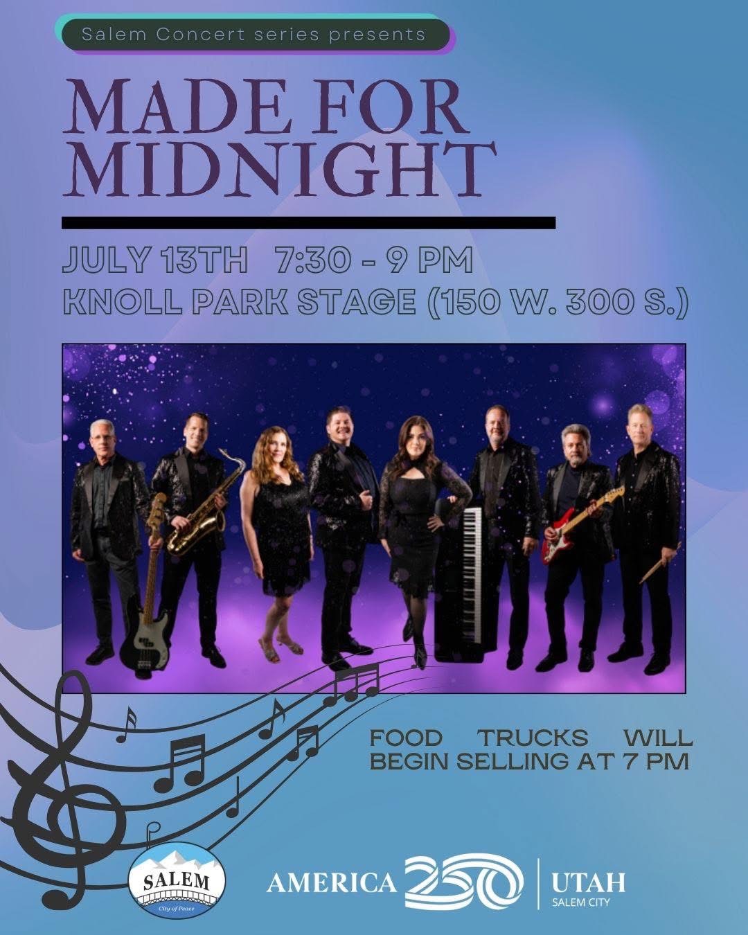 Group of seven musicians on stage with purple background, promoting a midnight concert event, with musical notes and event details.