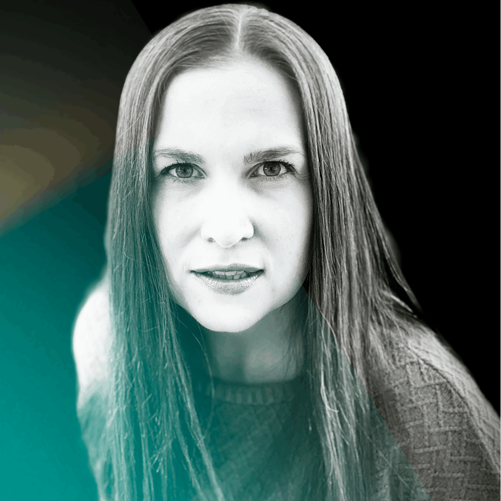 Black and white portrait of a woman with long straight hair, looking directly at the camera with a neutral expression.