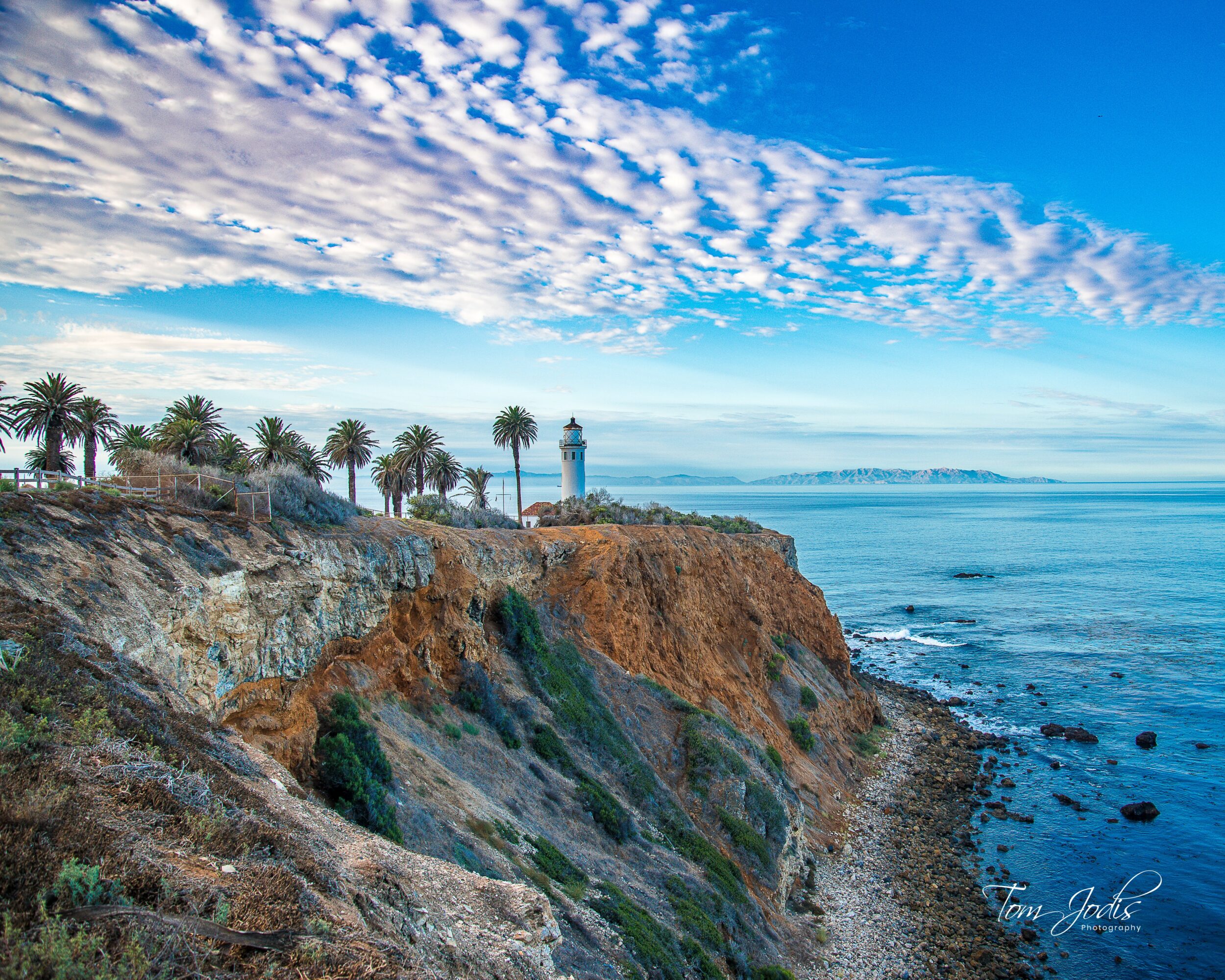 Cliffside with palm trees and lighthouse overlooking ocean under partly cloudy sky.