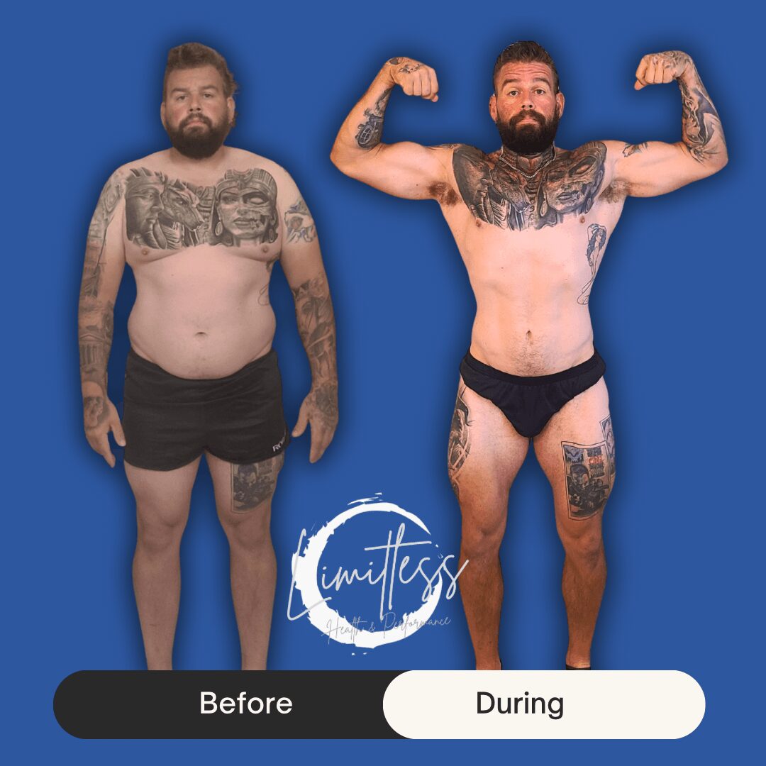 Two men with tattoos, one before and one during a fitness transformation, standing against a blue background, flexing muscles.