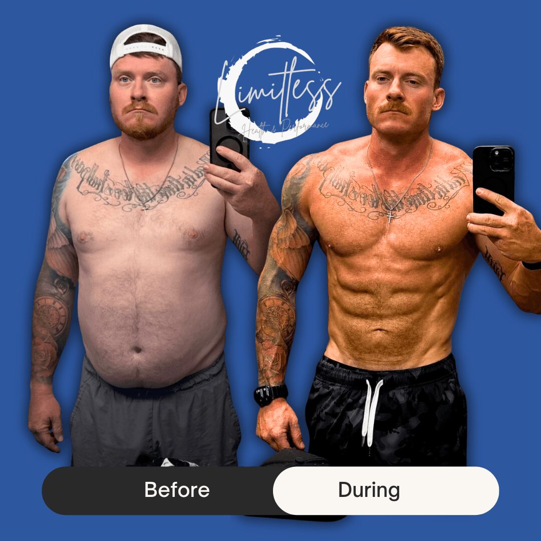 Side-by-side comparison of a shirtless man before and during fitness transformation, showing weight loss and muscle gain, holding phones for selfies.