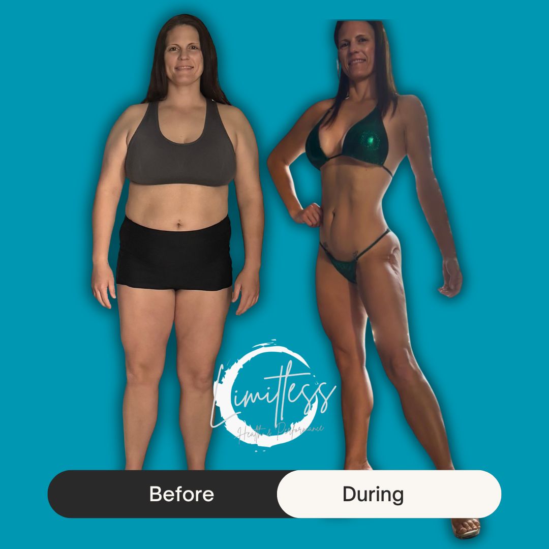 Side-by-side comparison of a woman before and during a fitness transformation, showing weight loss and muscle toning, against a blue background.