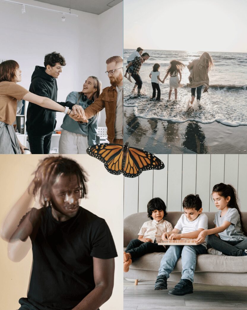Group of people holding hands in a circle indoors, children playing at the beach, and three children reading on a couch with a butterfly above.