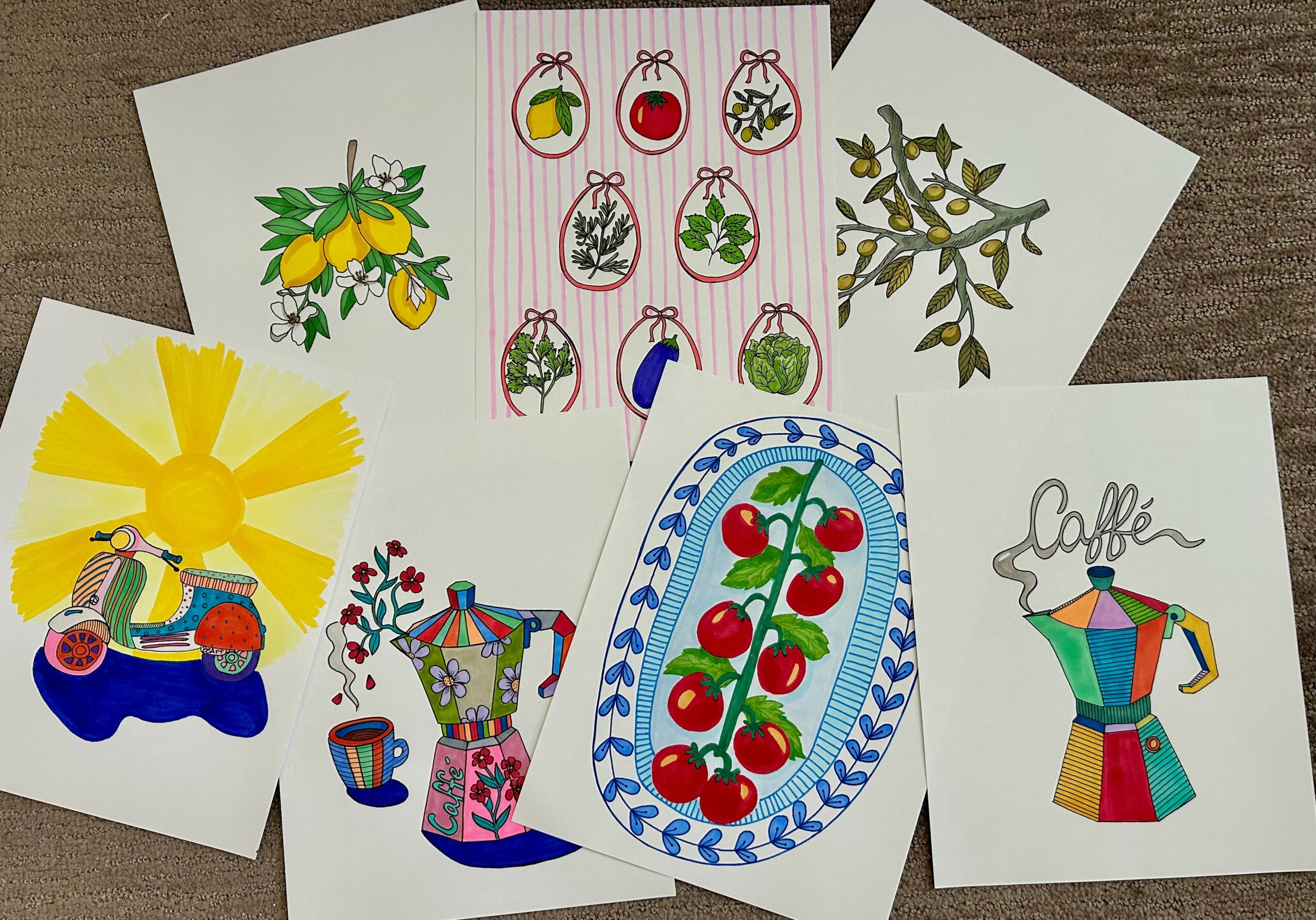 Collection of colorful illustrations including lemons, Christmas ornaments, a plant, a yellow flower, a car, a decorated object, cherries, and a coffee cup with a dress.