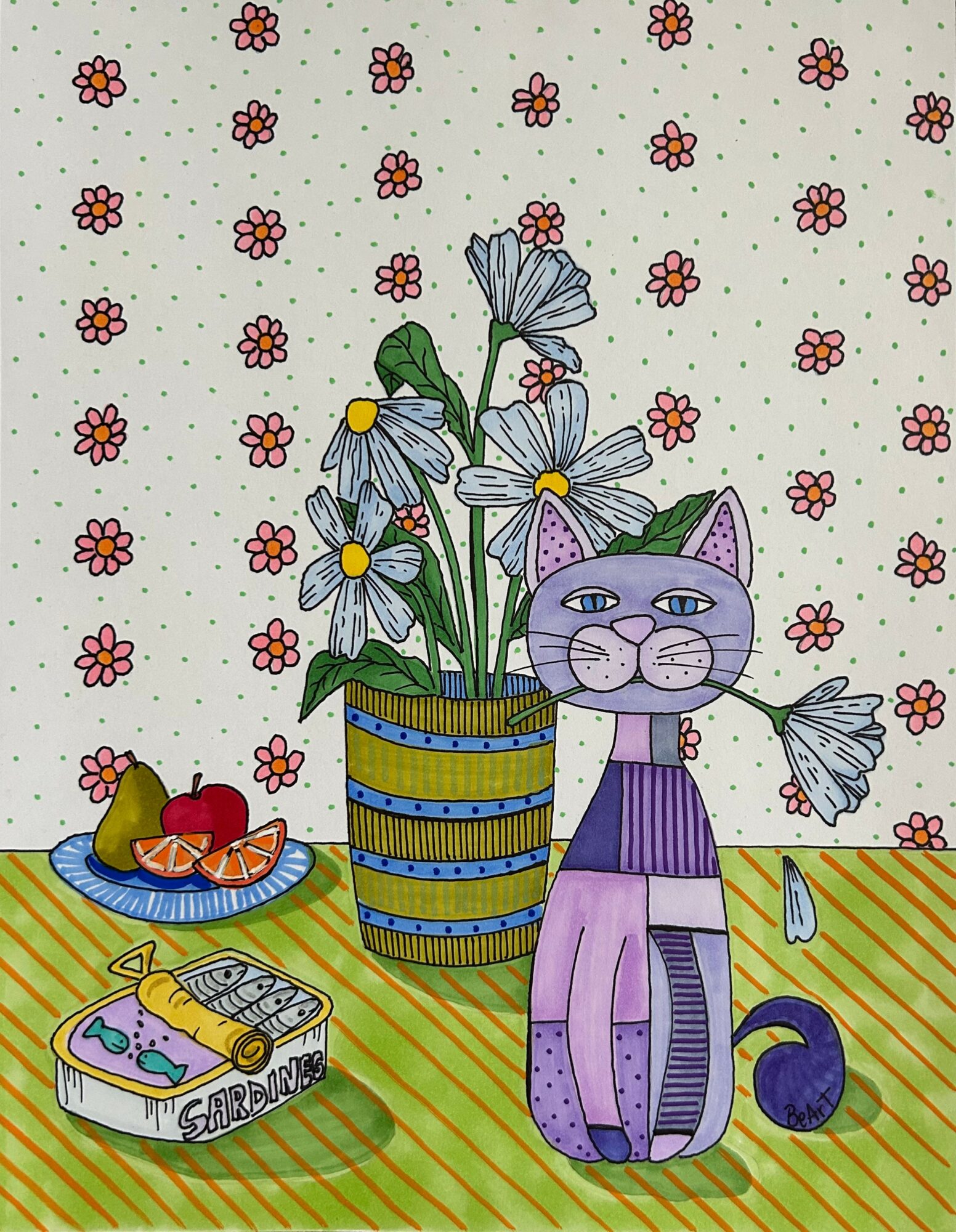 A purple cat with a flower in its mouth sits next to a striped blue and yellow pot of daisies, with a cake and a plate of fruit nearby.