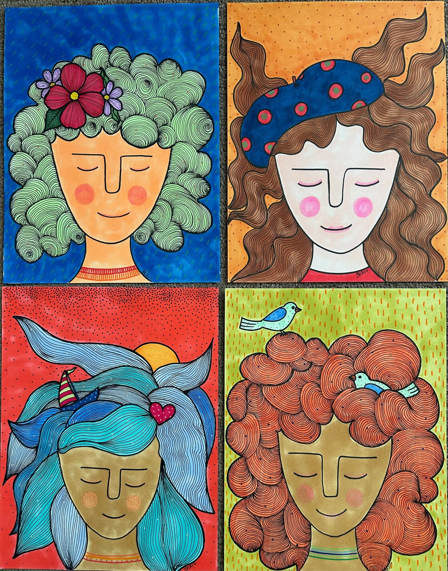 Four colorful illustrations of smiling women with different hairstyles and accessories, each in a separate square background.