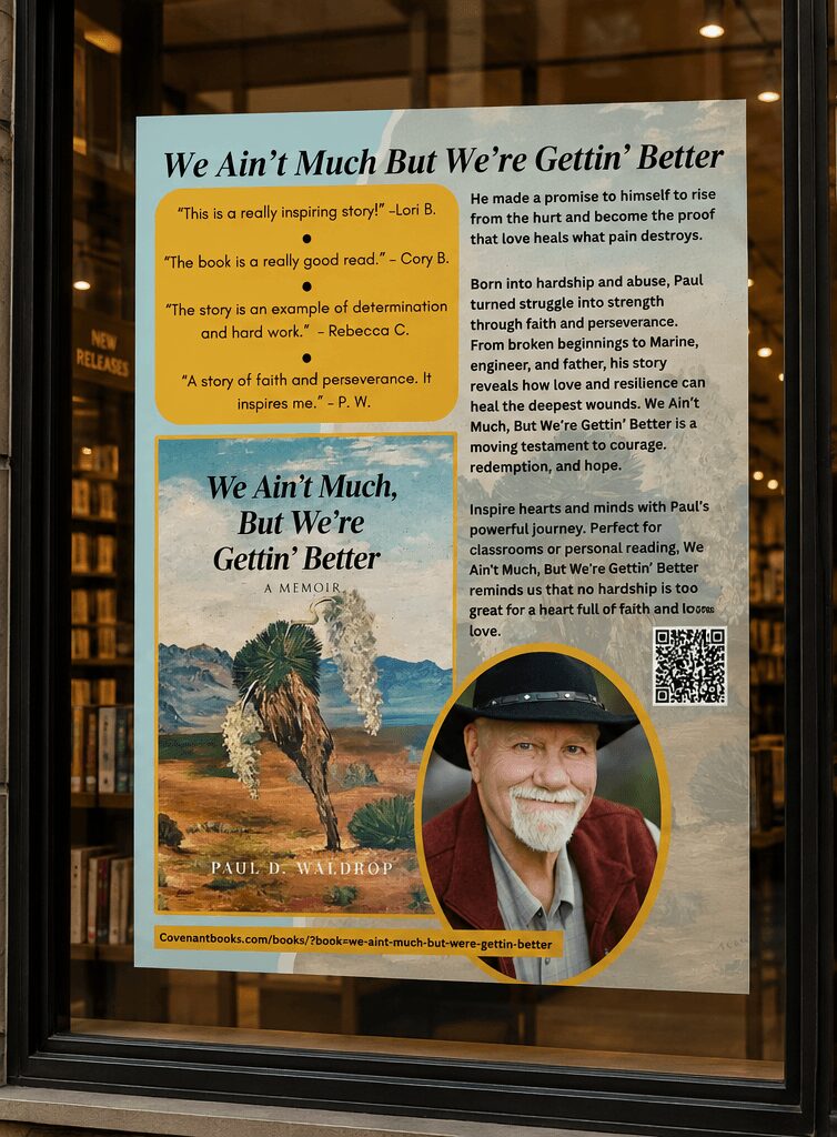 Poster with quotes and a photo of a man wearing a hat, featuring a horse and landscape background, and a circular inset of the man.