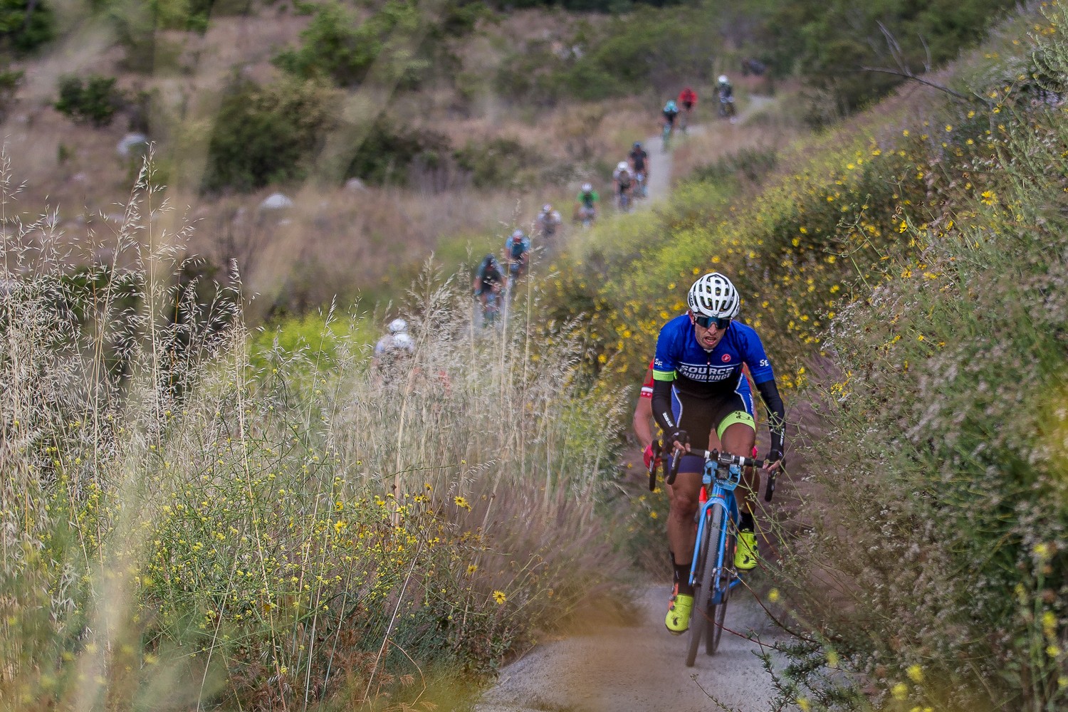 Cyclist in blue and black gear riding on a narrow dirt trail surrounded by tall grass and yellow flowers, with a group of people in the background.