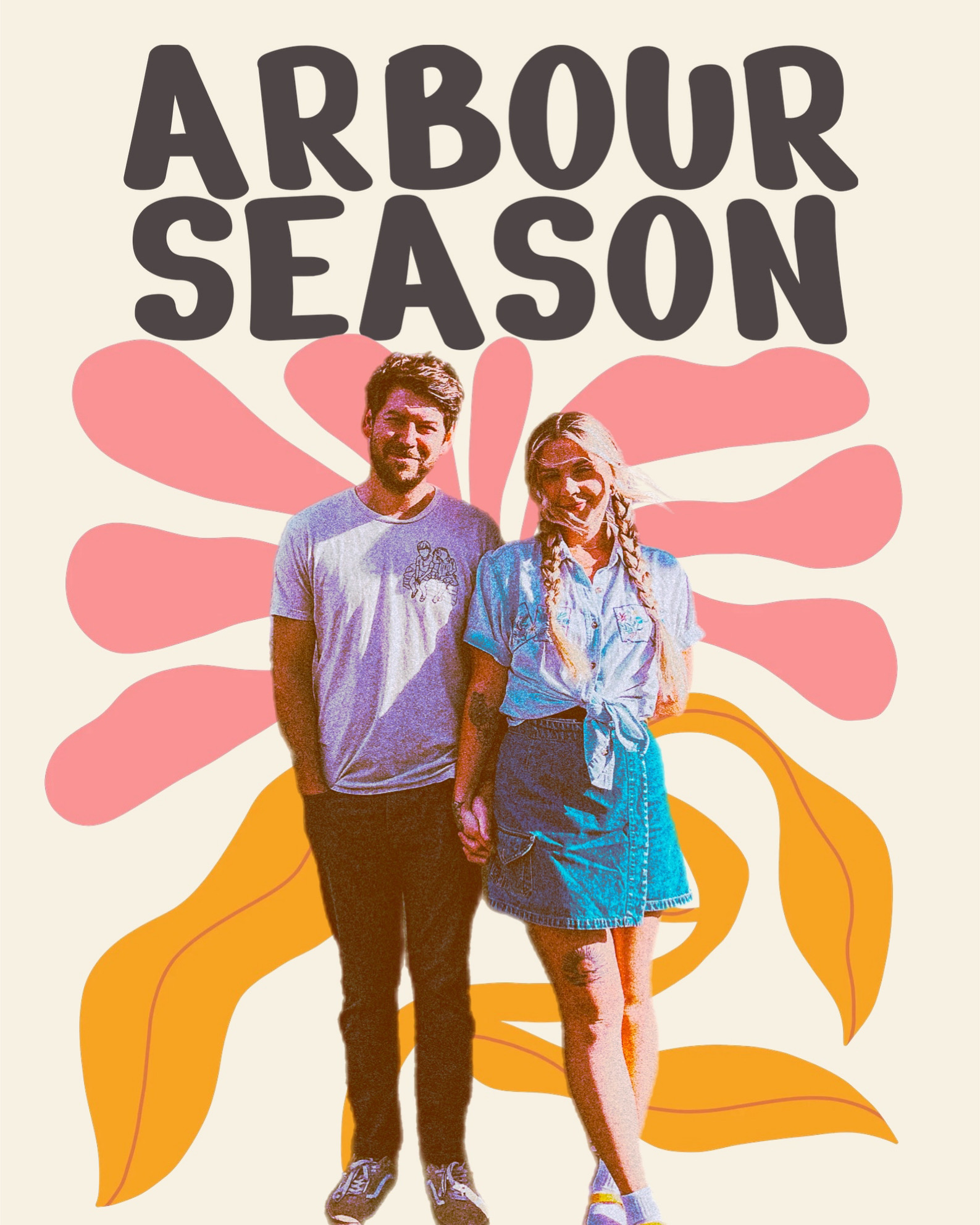 Two people standing in front of a colorful background with large pink shapes and orange leaves, with text 'ARBOUR SEASON' above.