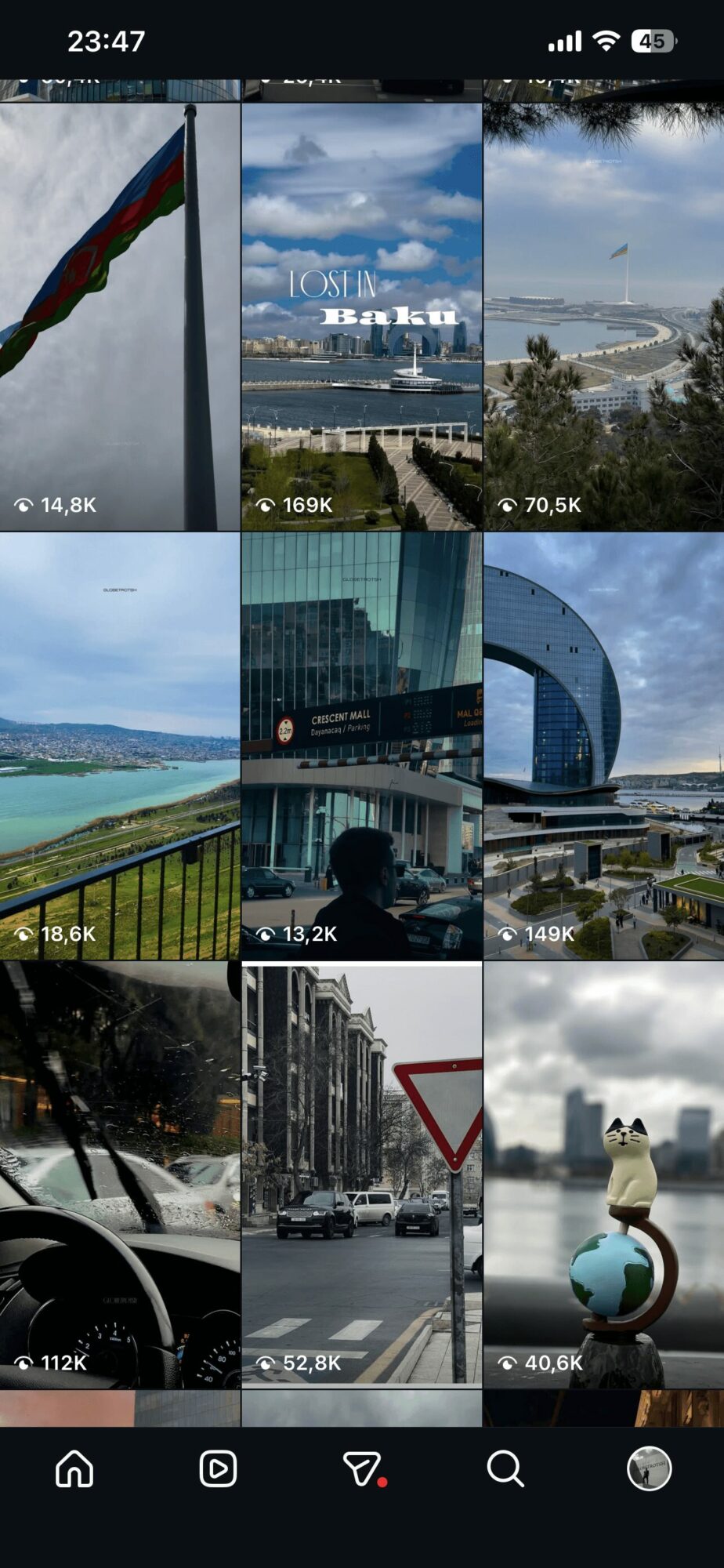 Collection of nine photos featuring landscapes, buildings, and objects, including a rainbow flag, cityscape, and a globe sculpture.
