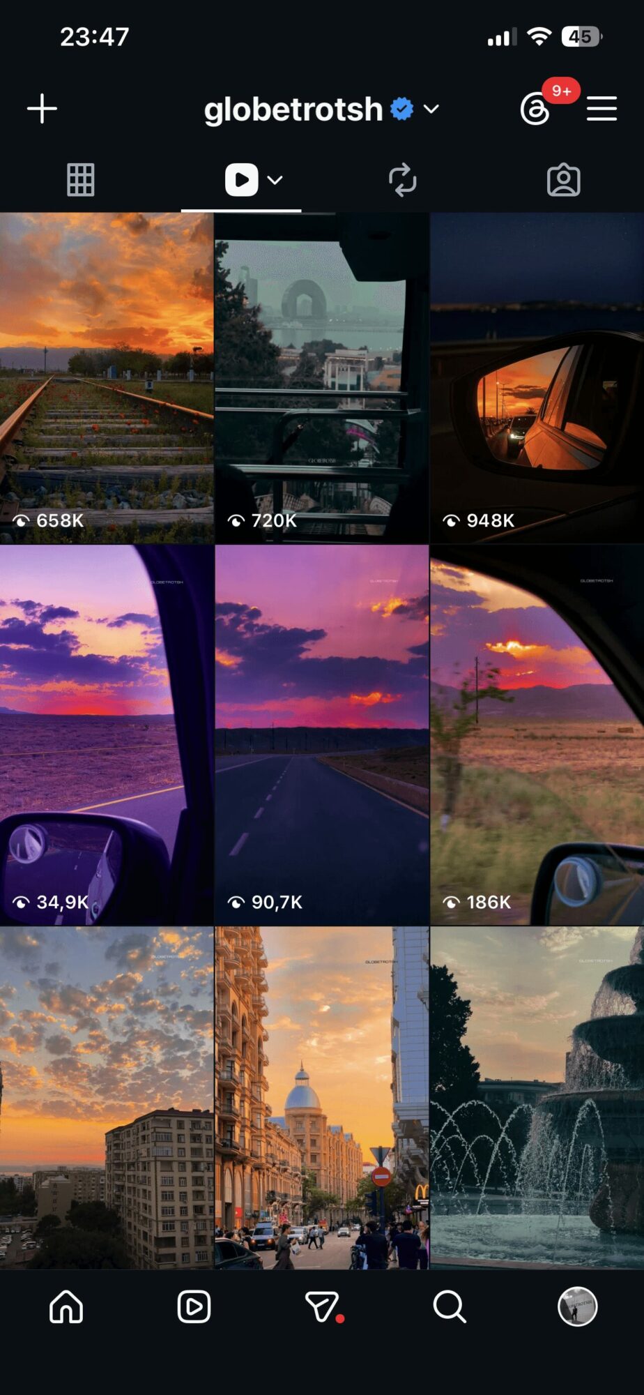 Collection of nine photos including sunset, cityscape, car interior, and fountain scenes, with varied lighting and colors.