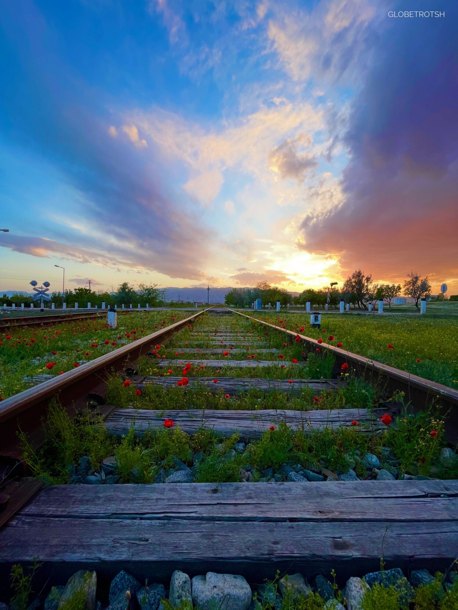 Railroad tracks extend into the distance under a colorful sky with clouds and sunset, surrounded by green grass and trees.