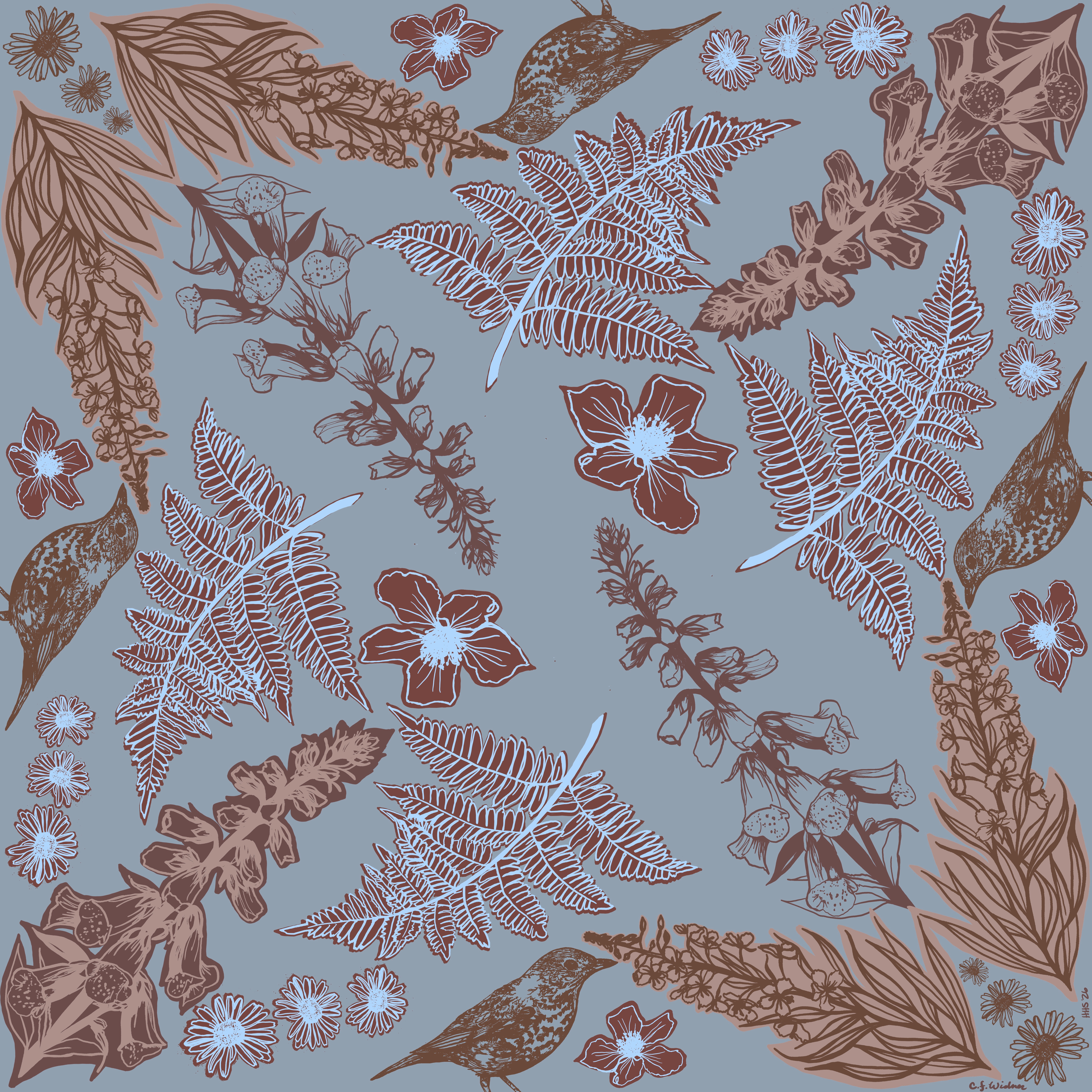 Pattern of various fern leaves, flowers, and branches in brown and blue on a light blue background.