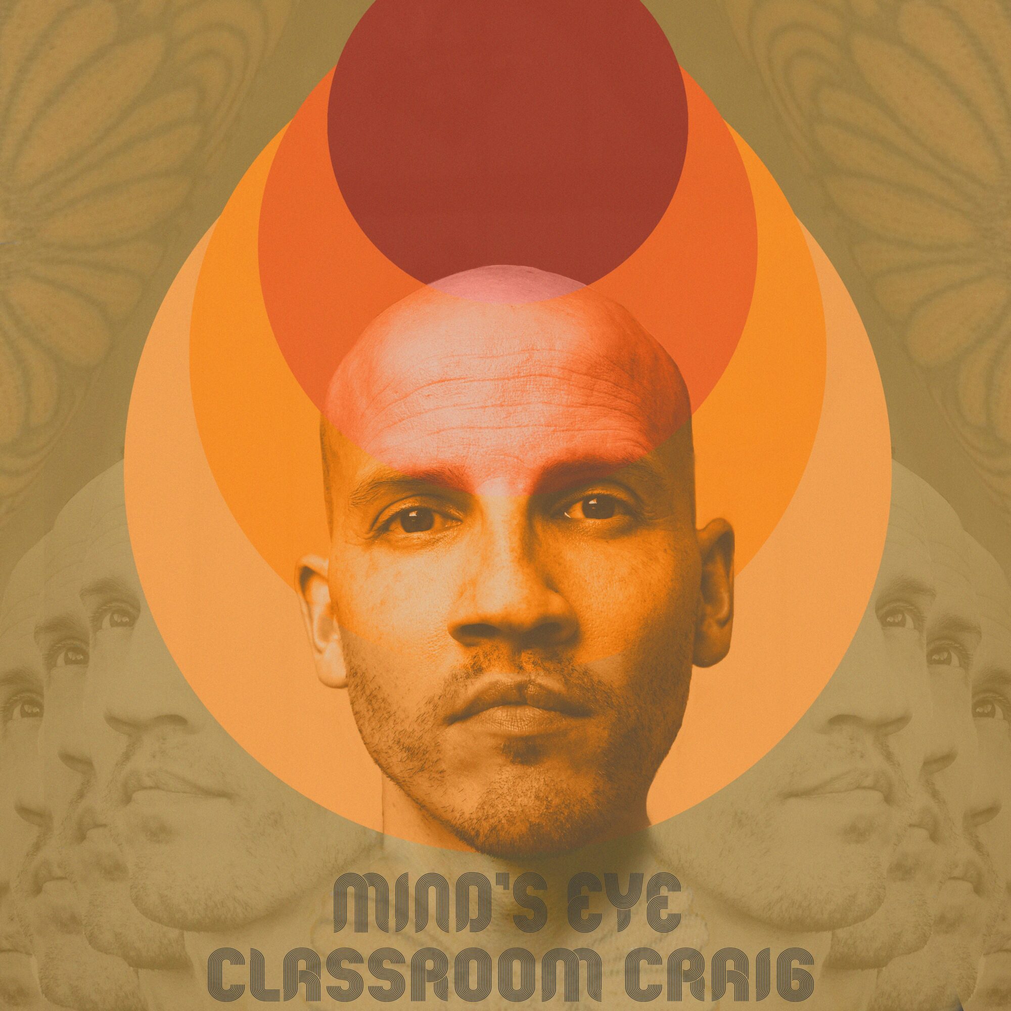 A man's face with a background of abstract shapes and patterns, including multiple smaller faces and a large red circle above his head.
