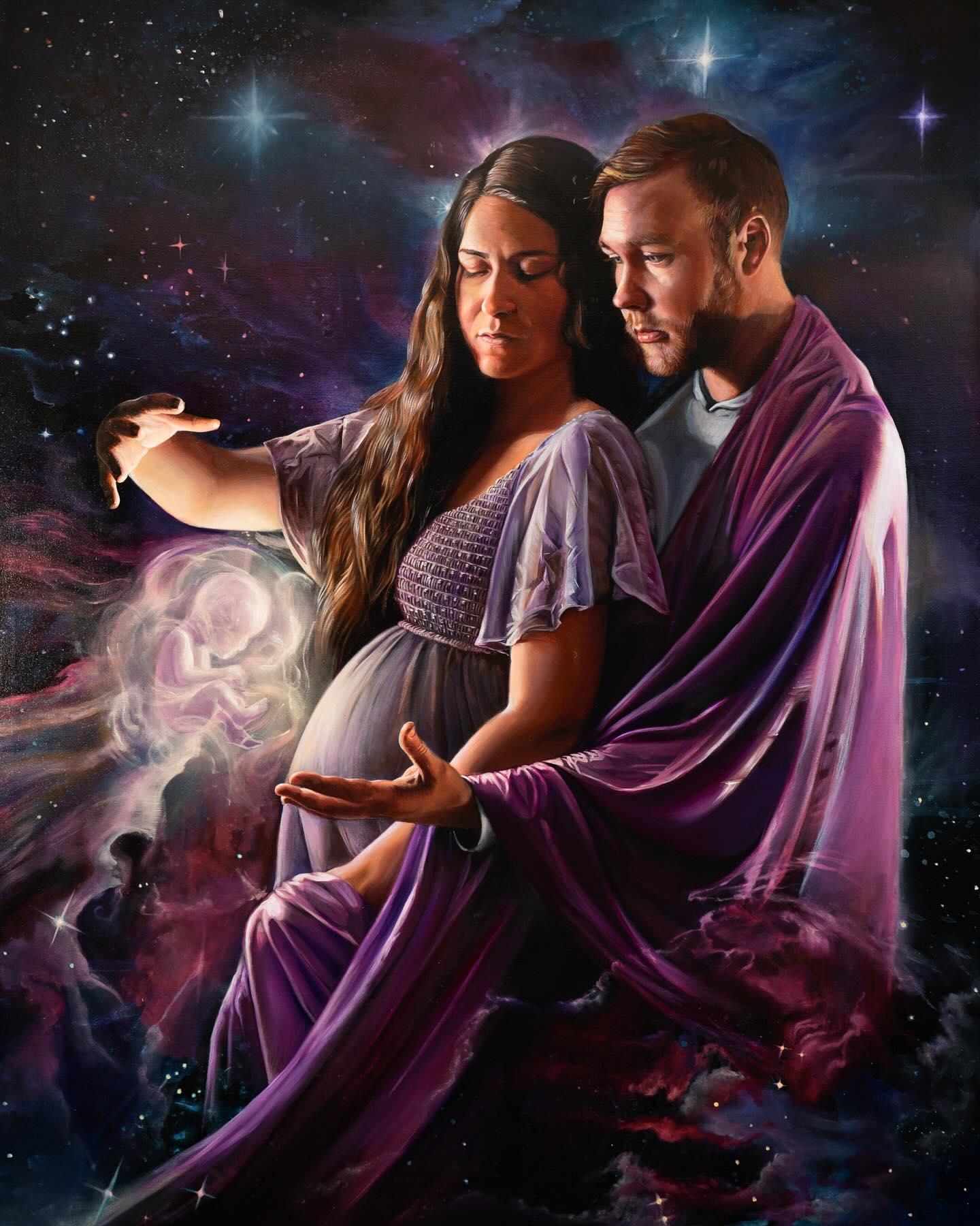 A pregnant woman and a man in purple robes look at a glowing galaxy in space background.