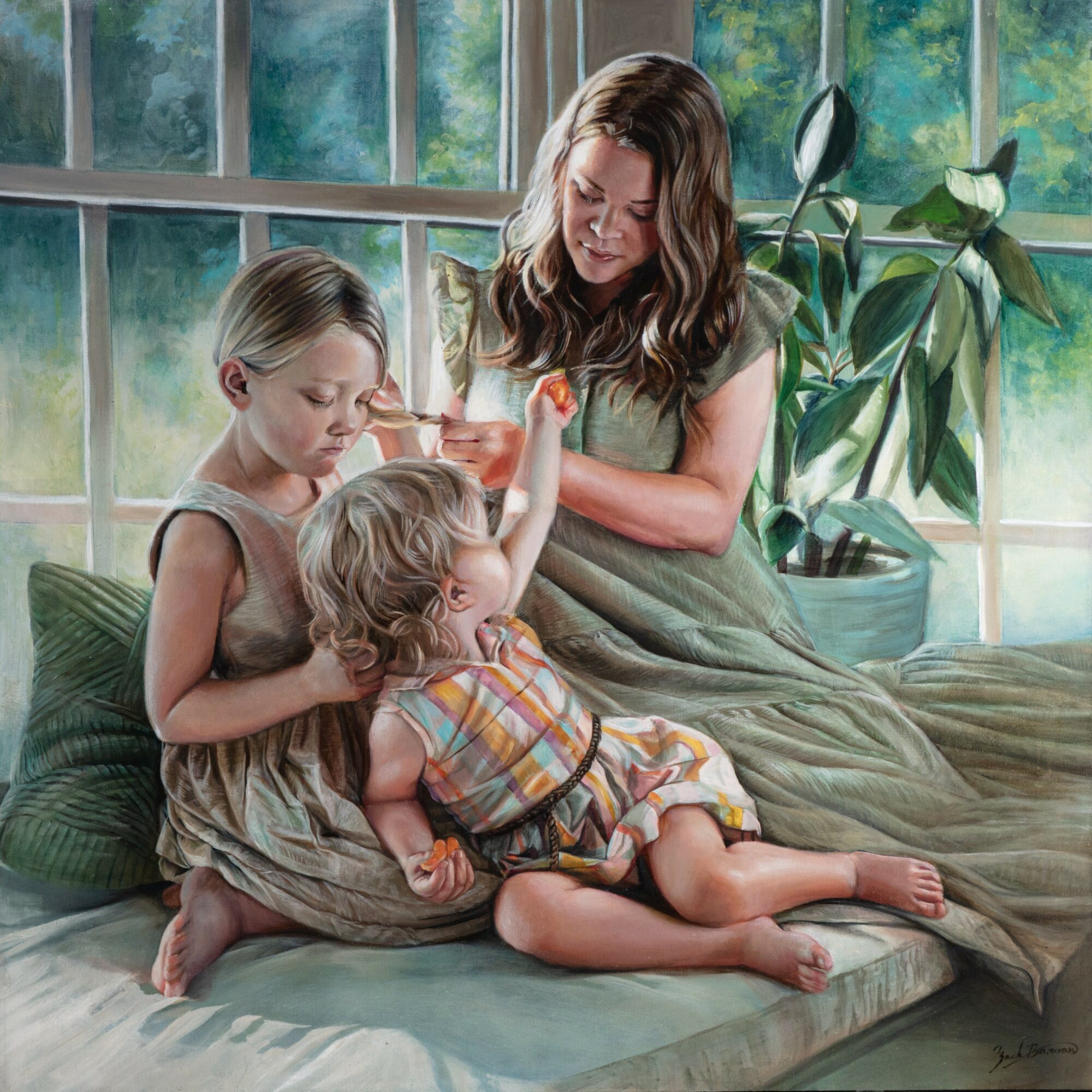 Three children sitting on a bed near a window, with a large plant nearby, engaging in a playful activity.