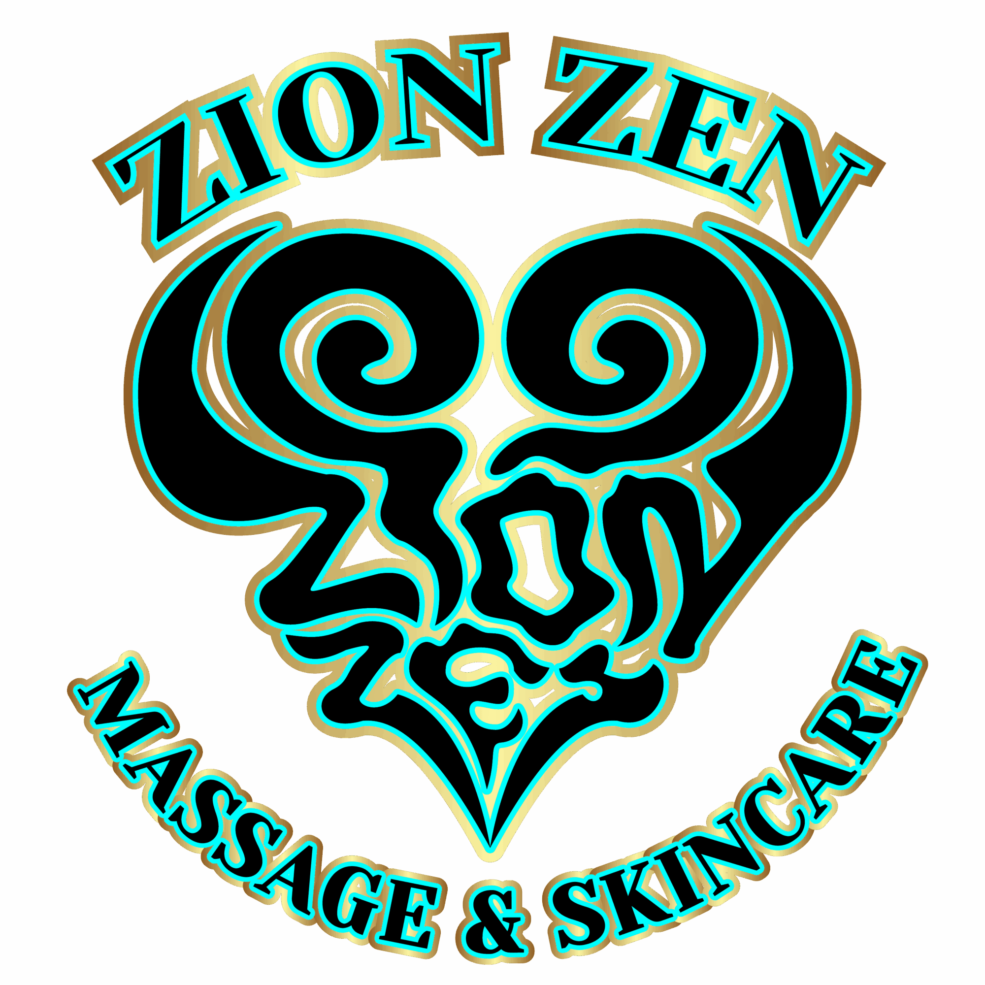 Zion Zen Massage and Skincare logo with a heart-shaped design and stylized text on a black background.