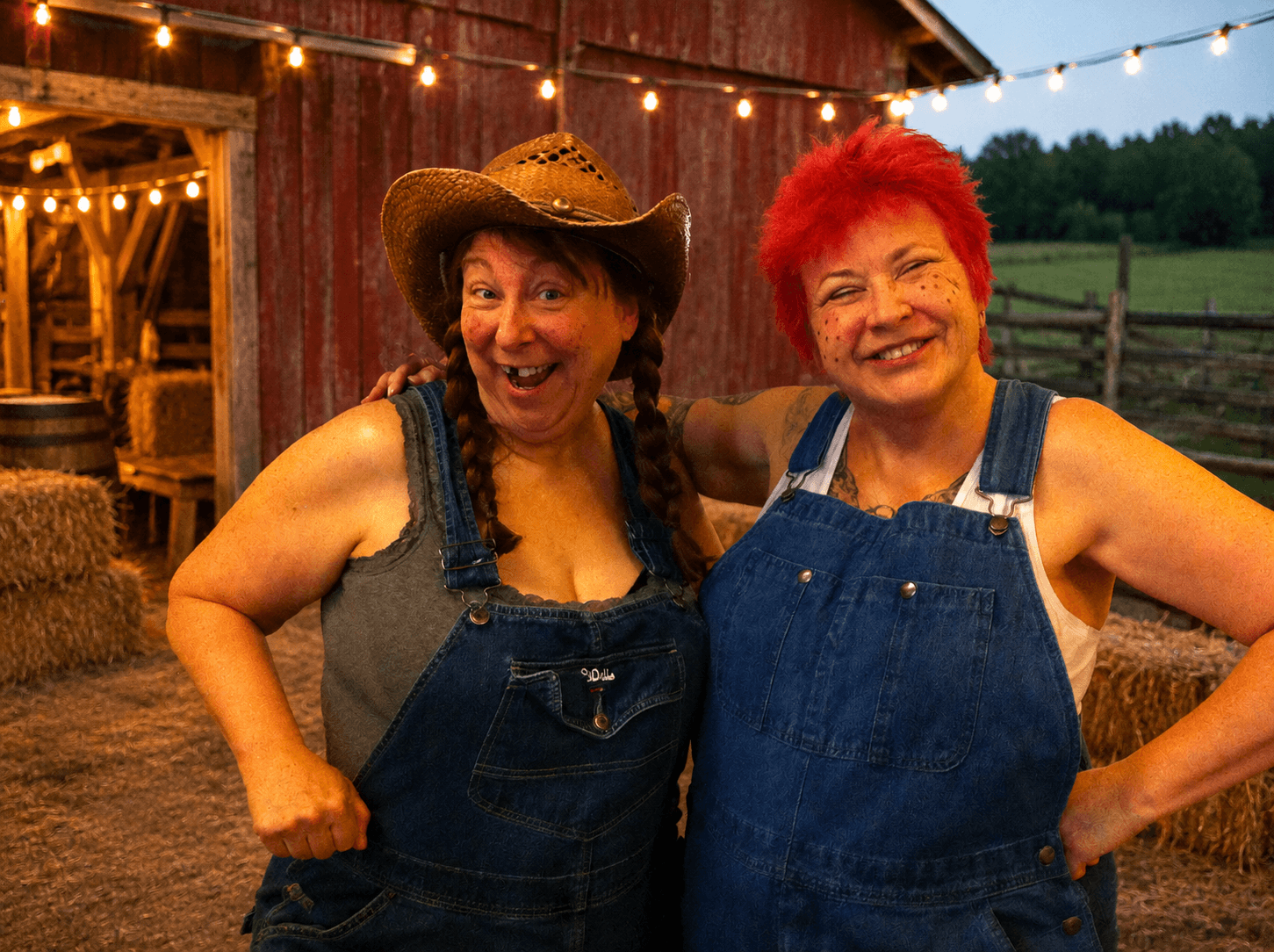 Two women with red and dark hair smiling outdoors at dusk, wearing denim overalls, in front of a barn with string lights.
