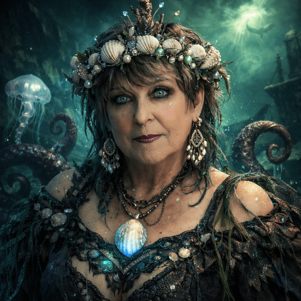 Woman dressed as an underwater mermaid with shell and pearl accessories, in an ocean scene with jellyfish and sea creatures.
