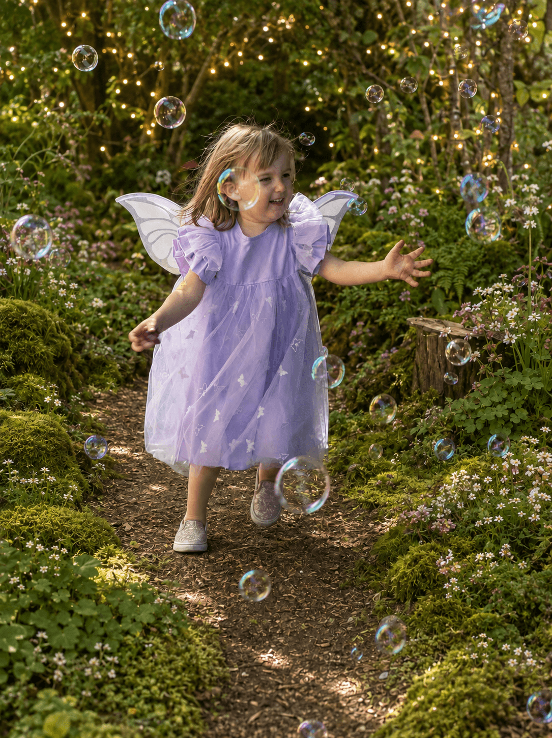 Young girl dressed as a fairy with wings, running on a garden path surrounded by bubbles and greenery.