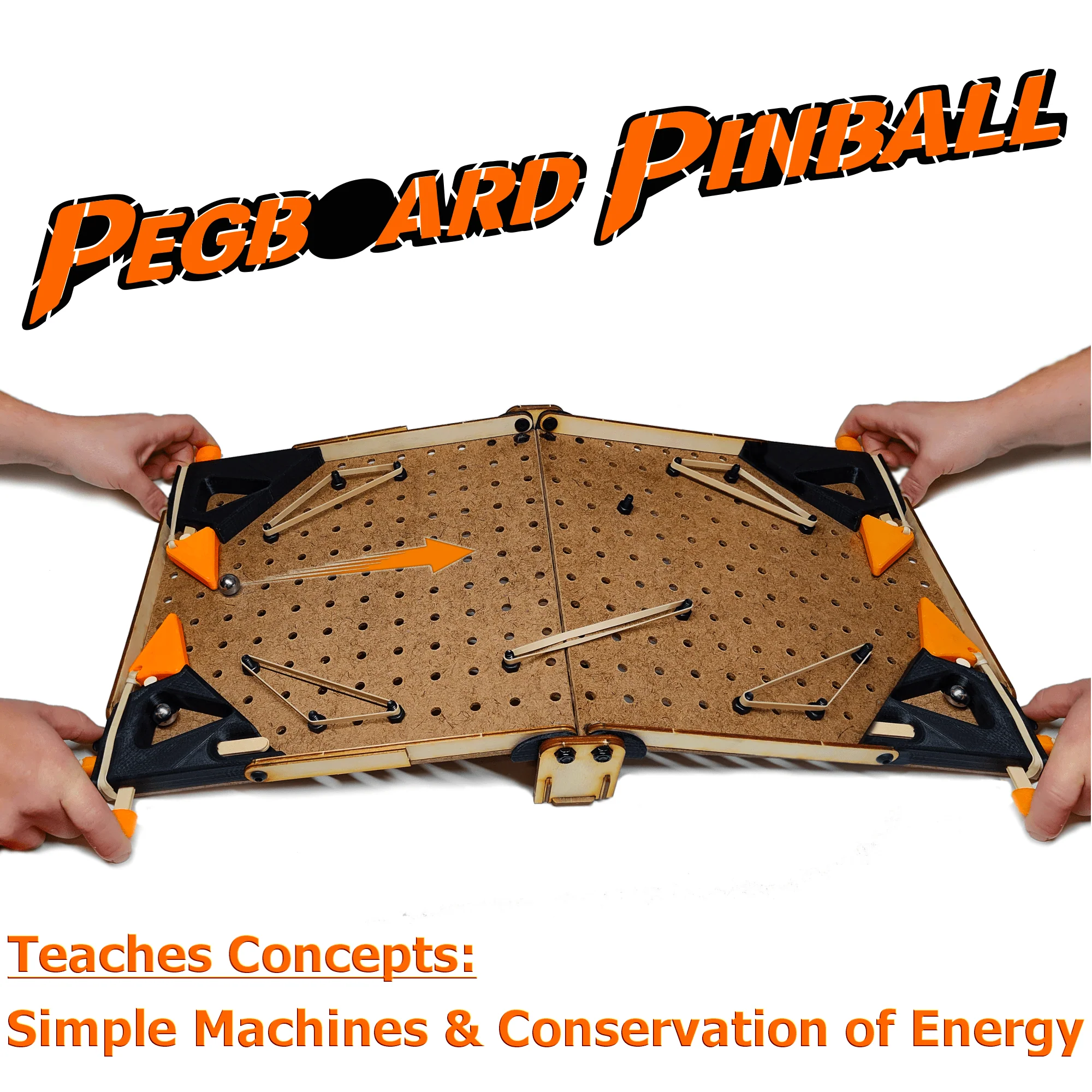 Pegboard pinball game with hands on sides, orange and black accents, and text above and below the game.