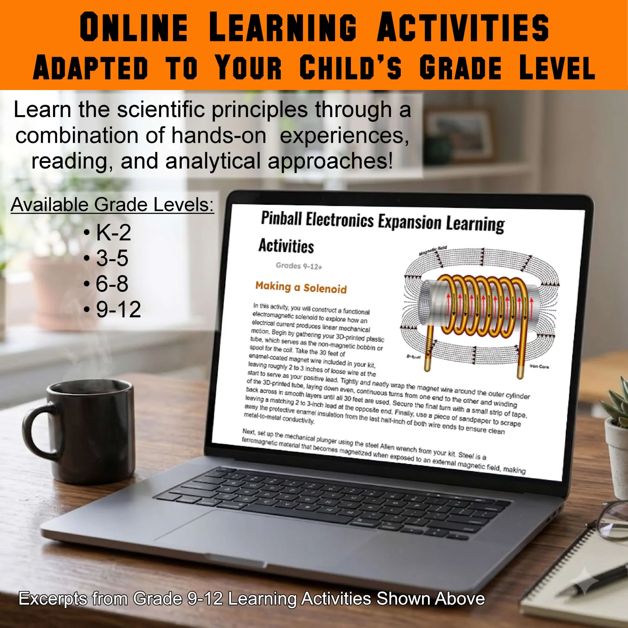 Laptop displaying science activity about pinball electronics expansion learning for children, with a black mug and notebook nearby.
