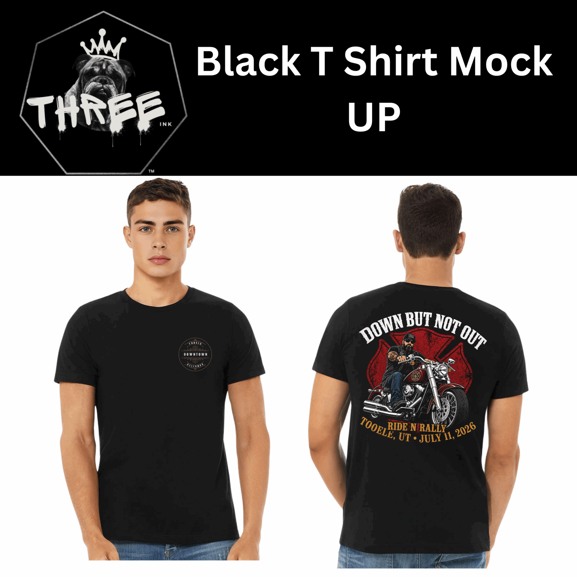 Front and back view of a black T-shirt with motorcycle graphic and text, worn by a male model, on a white background.