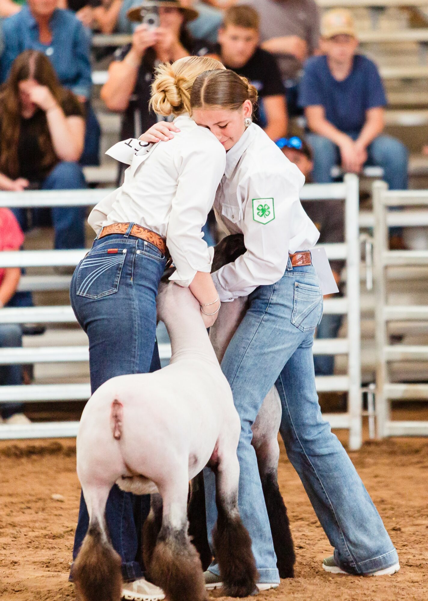 Two young women in judo uniforms handle a sheep in an indoor arena with spectators in the background.