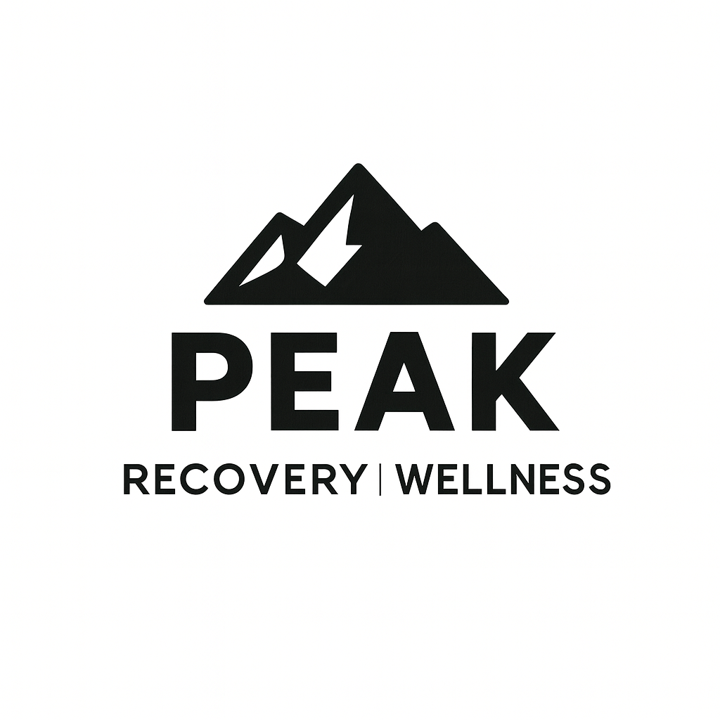 Mountain peak logo with the words PEAK, RECOVERY, and WELLNESS below, on a white background.