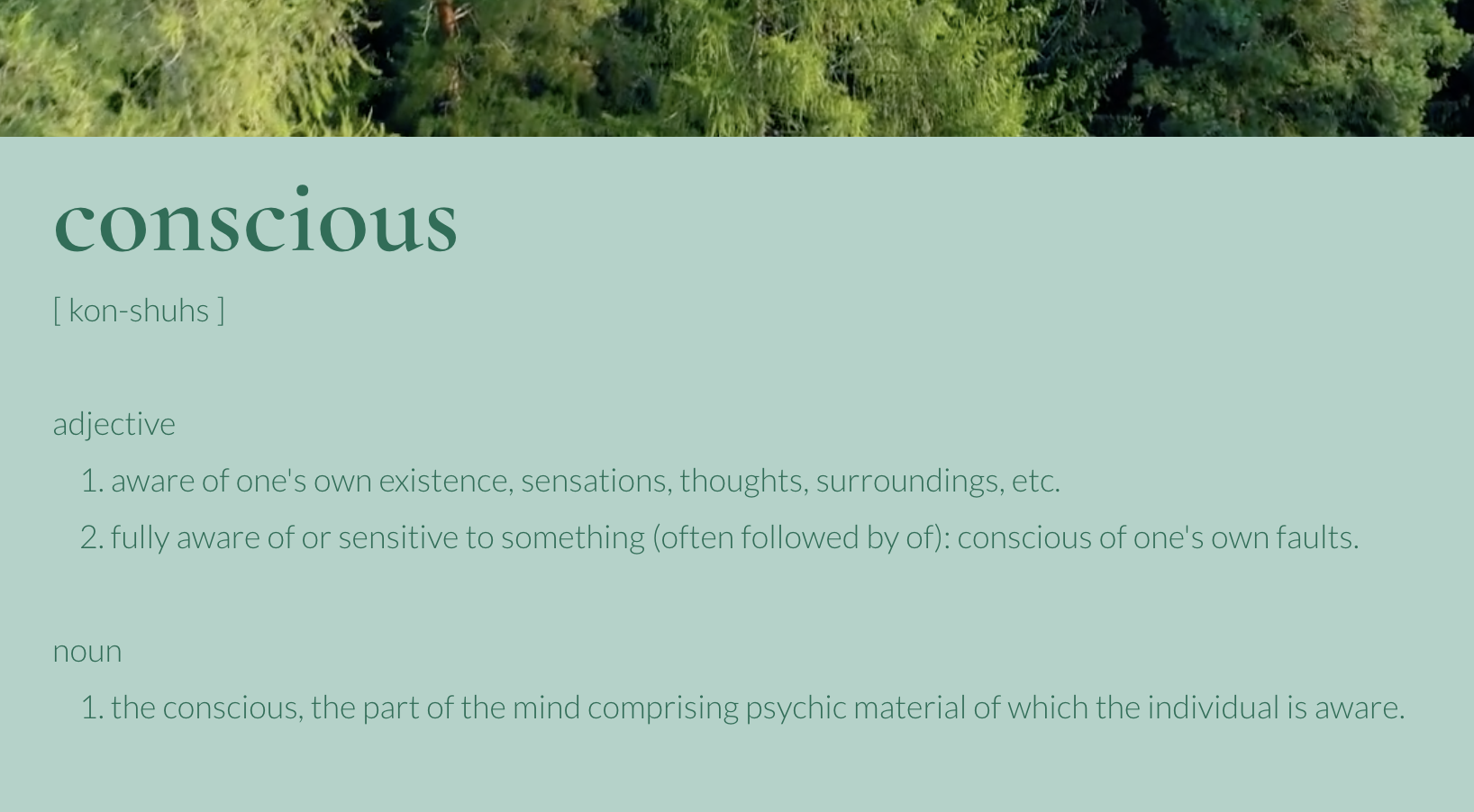 Dictionary page with the word 'conscious' and its definitions, against a green background with trees at the top.