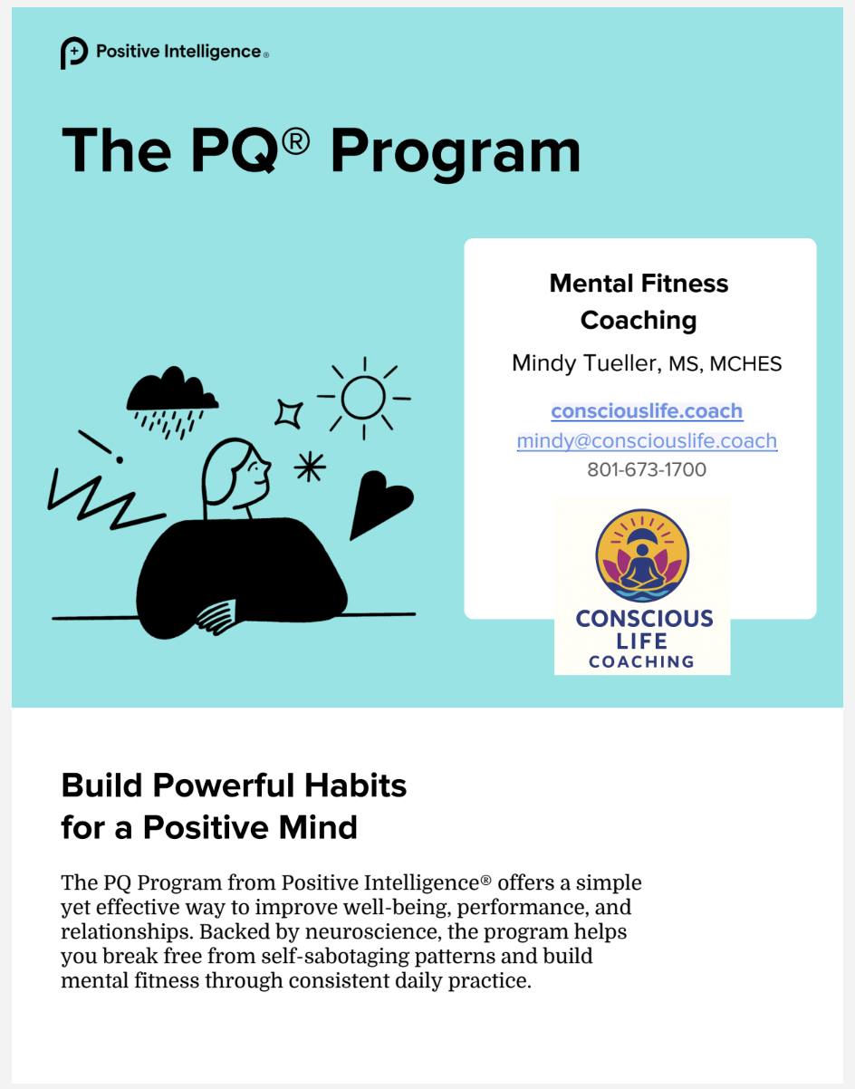 Cover of a program brochure with a light blue background, black text, and a simple illustration of a person with a laptop, sun, clouds, and hearts. Includes contact information and a logo.