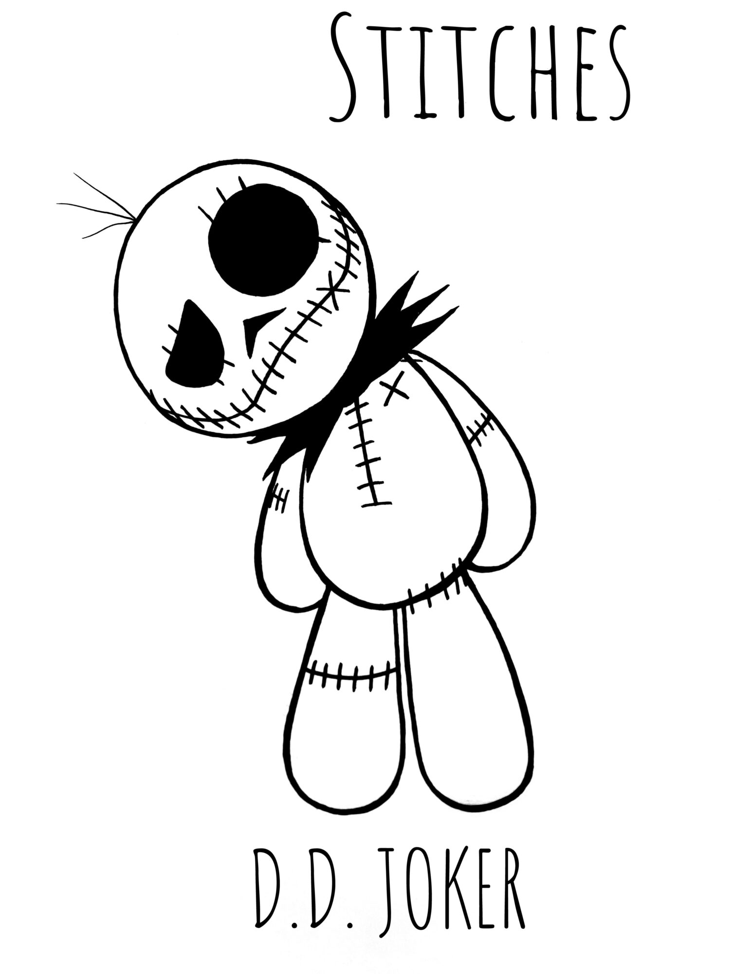 A stitched doll with a skull face, black eye socket, and stitched mouth, with the words 'STITCHES' and 'D.D. JOKER' above and below.