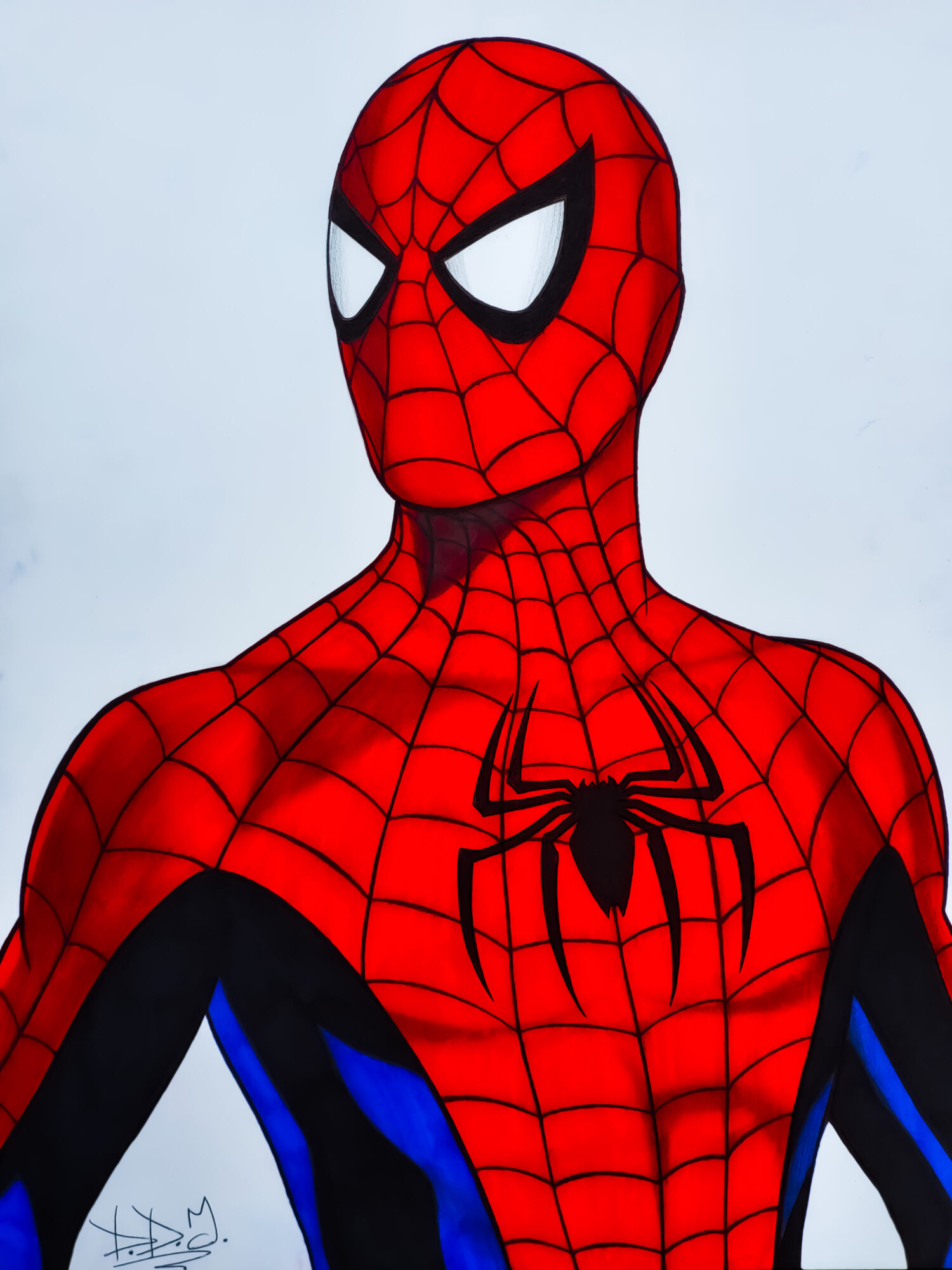 Person in Spider-Man costume with red and black mask, web pattern, and black spider emblem on chest.