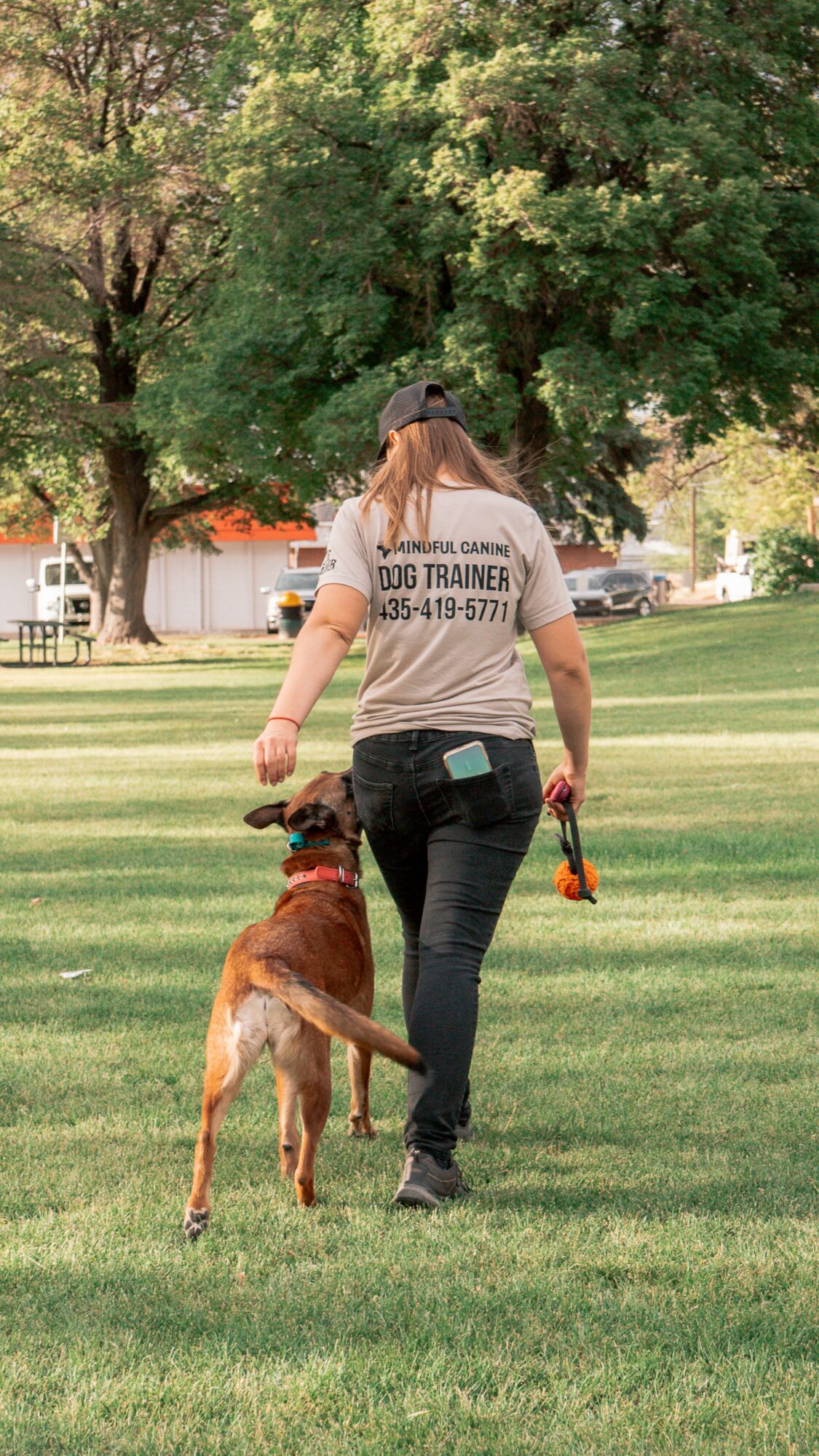 Person walking with a dog in a park, holding a leash and a small tool, with trees and grass in the background.