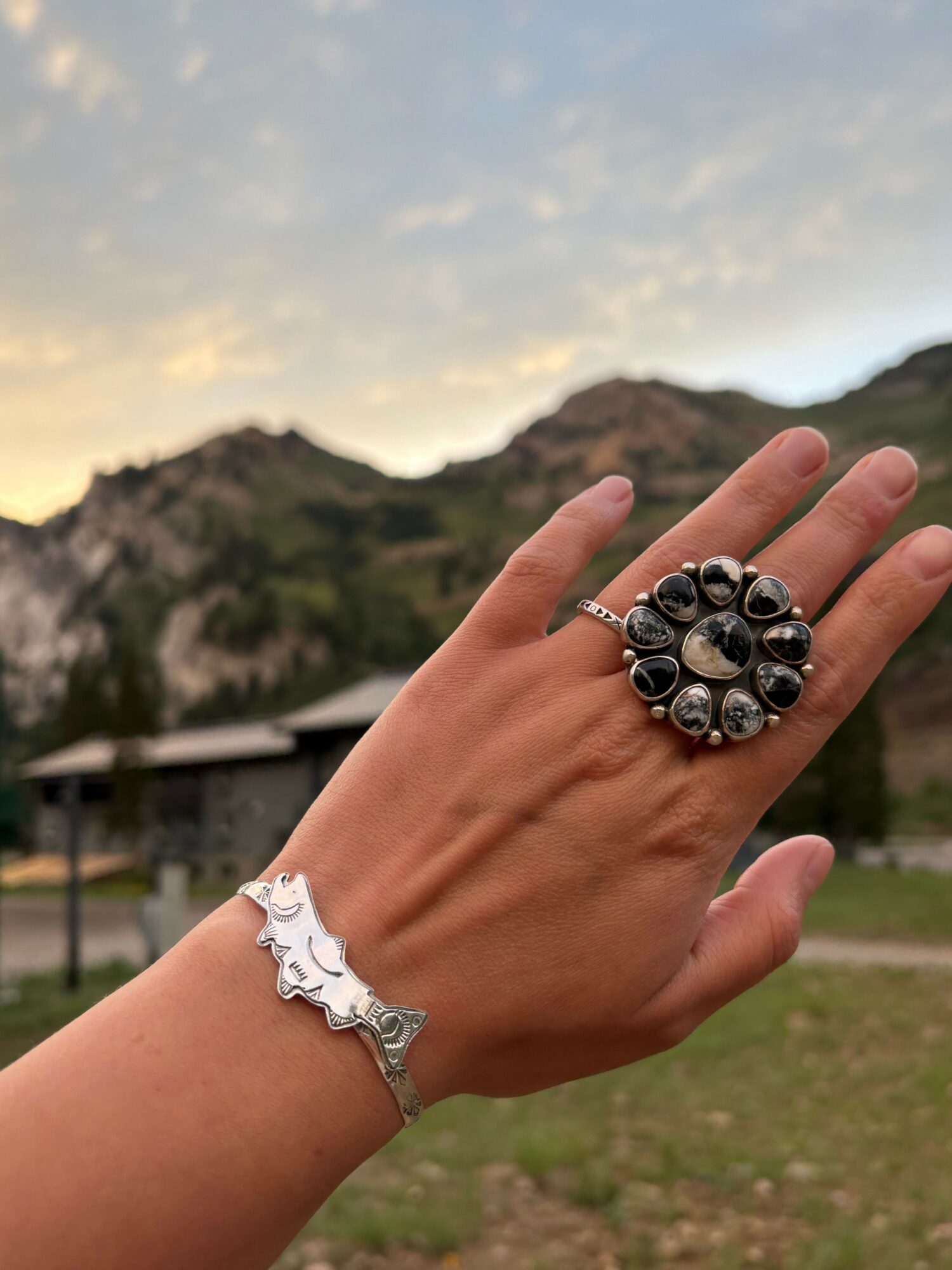 Hand with a large ring and a silver bracelet, outdoors with trees and sky in background.