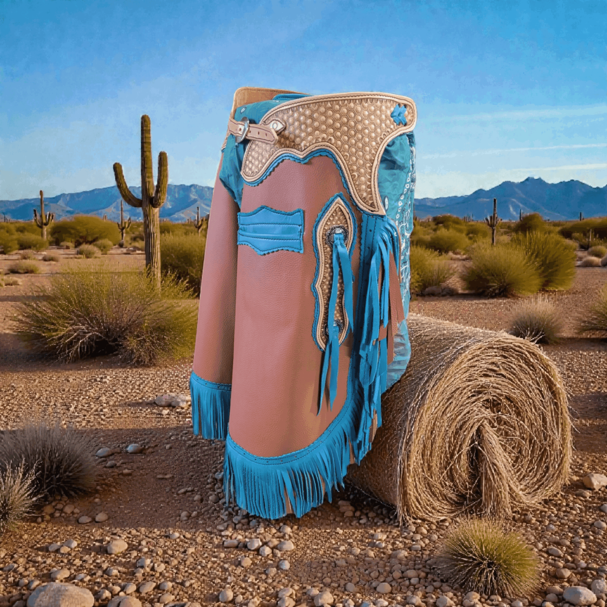 A colorful bag with fringe details stands on a hay bale in a desert landscape with cacti and mountains.