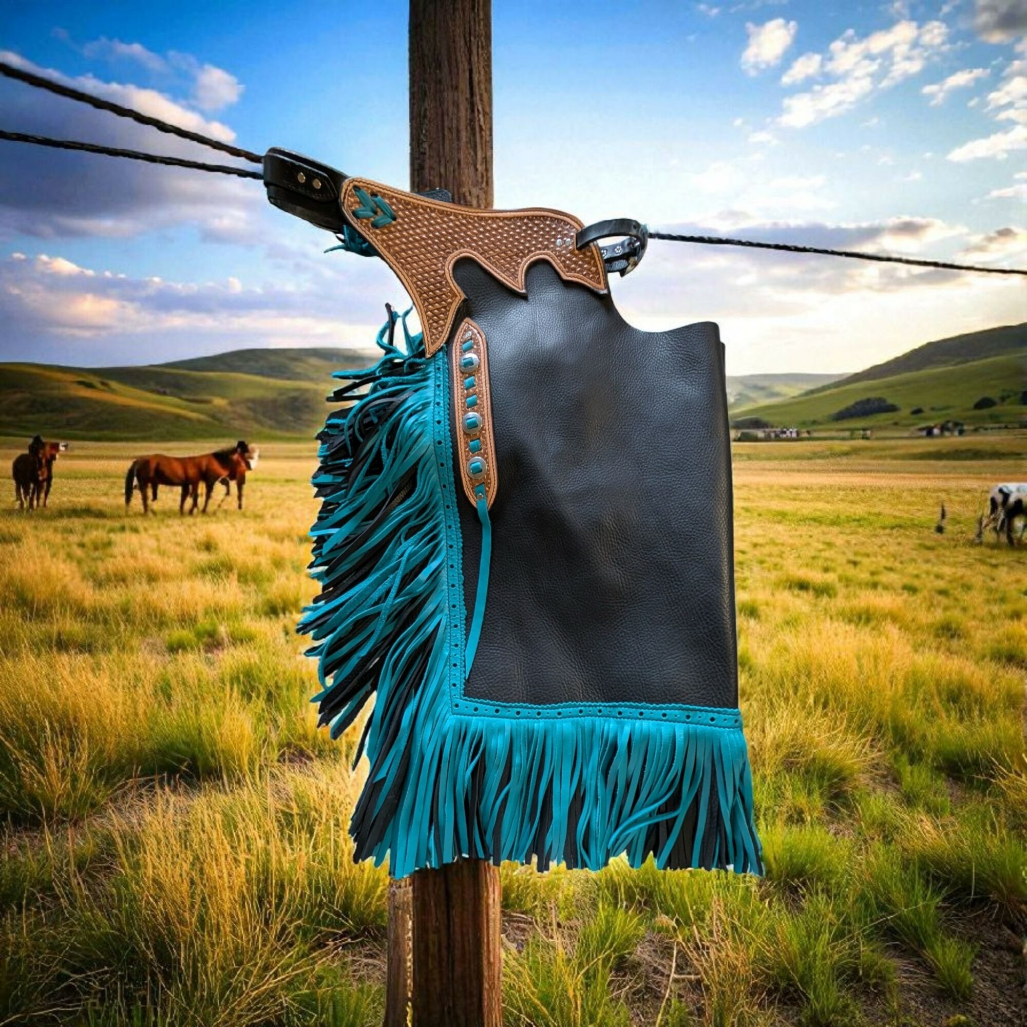 A whip with a leather handle and fringed leather tail hangs on a wooden post in a grassy field with horses and rolling hills.