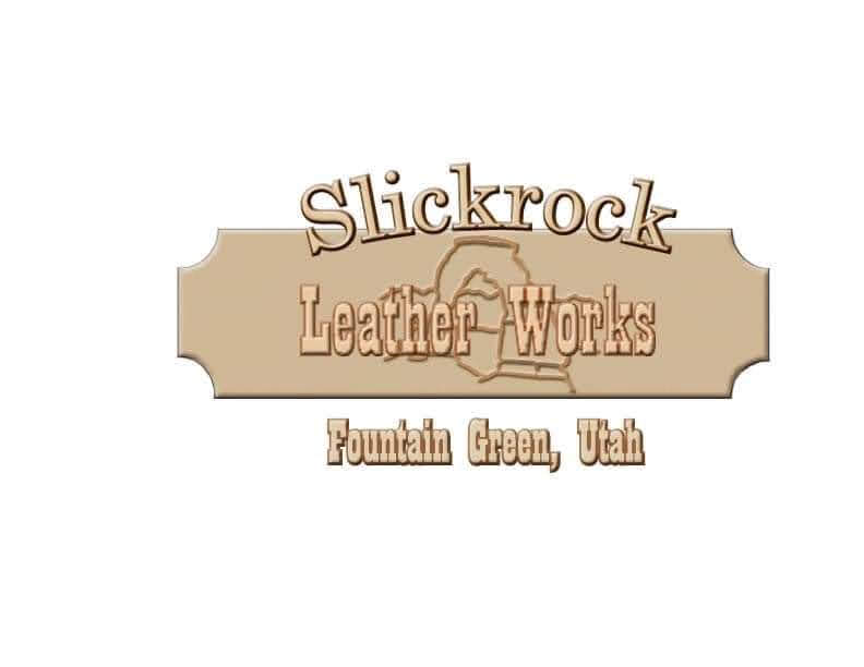 Logo with text 'Slickrock Leather Works' and location 'Fountain Green, Utah', beige background, stylized font.