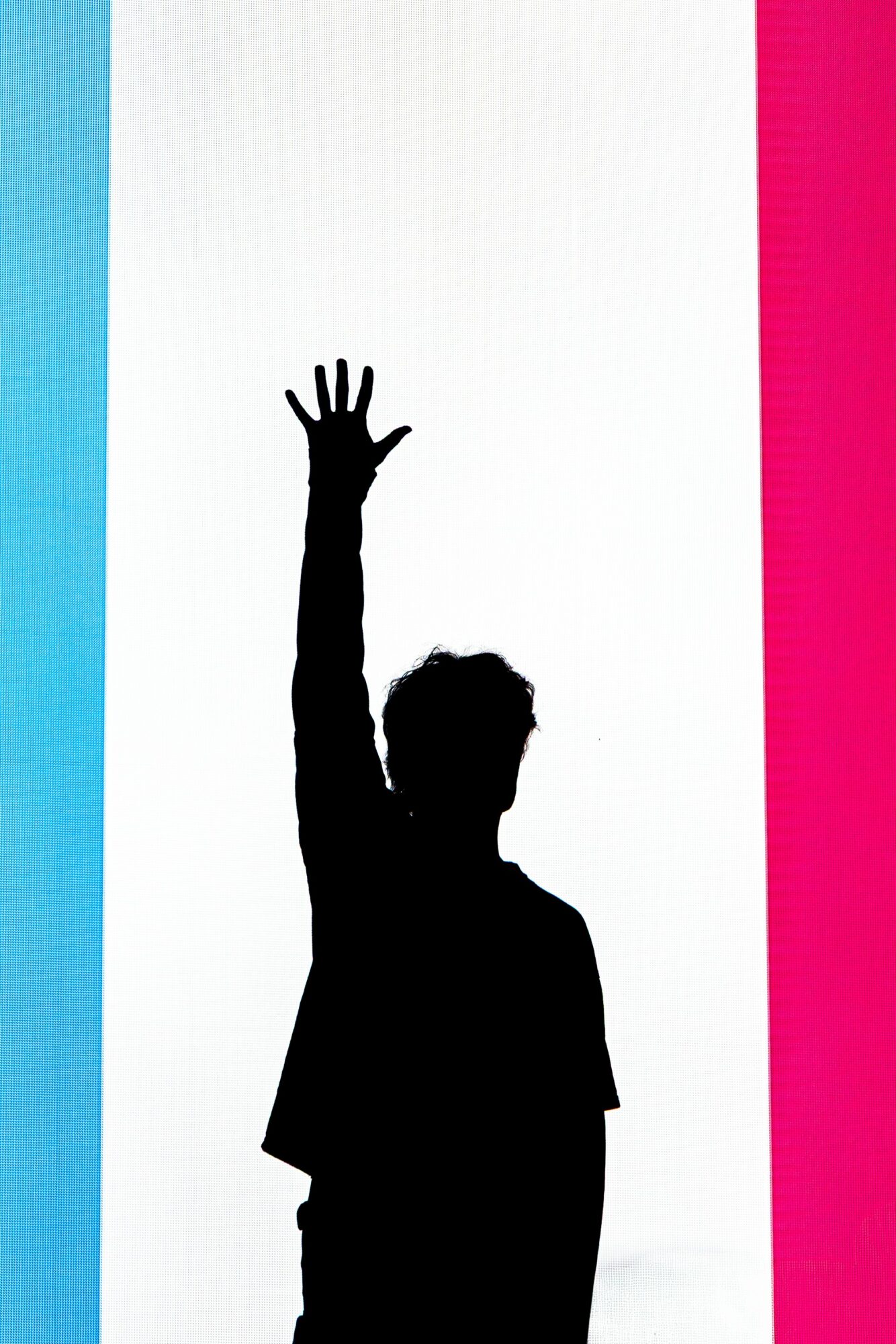 Silhouette of a person with one arm raised, standing against a background with blue, white, and pink vertical stripes.