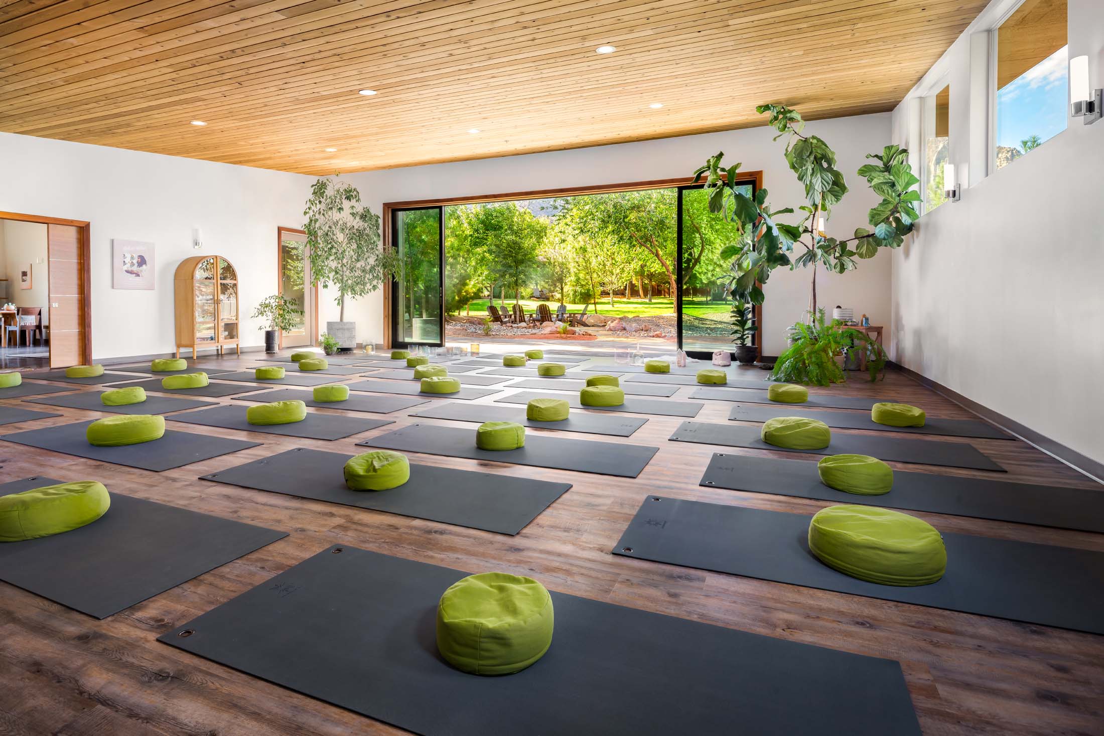 Yoga studio with mats and green cushions, large open window showing outdoor greenery, wooden ceiling, and potted plants inside.