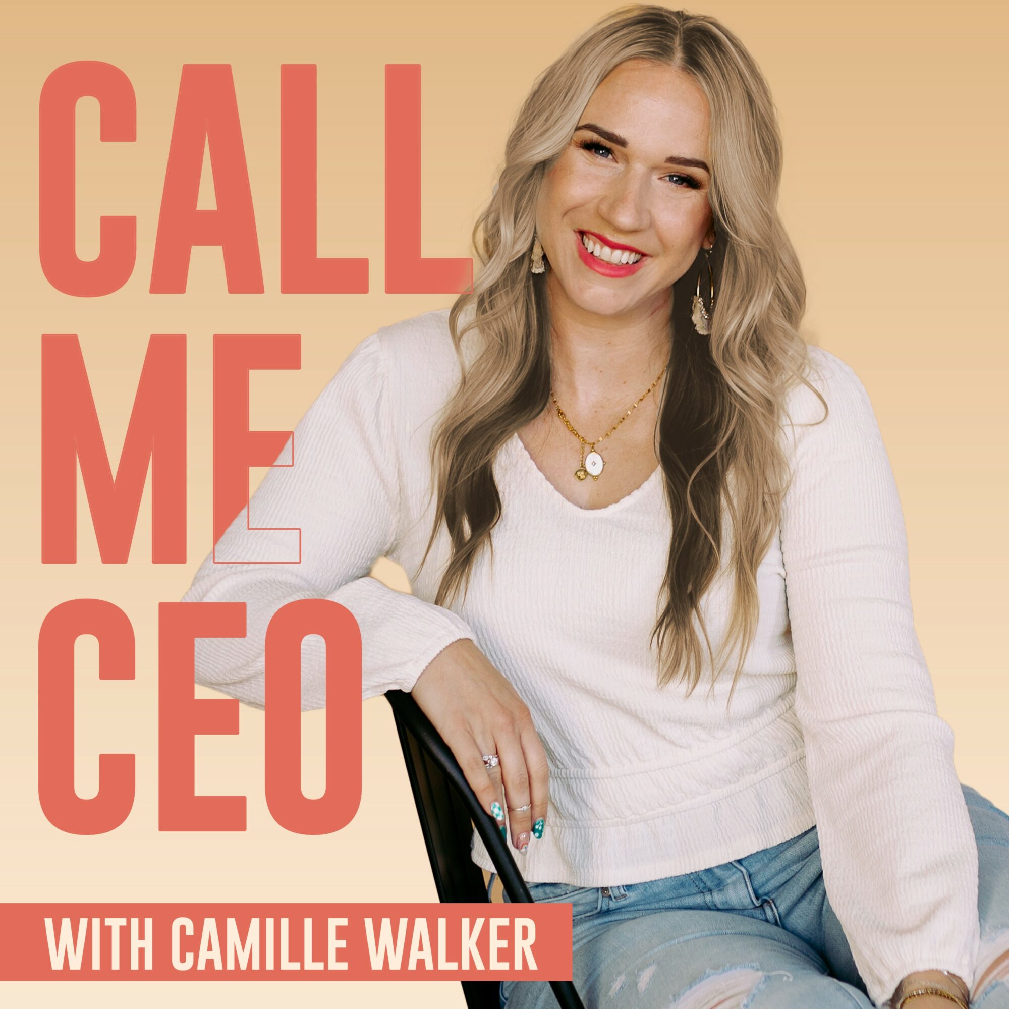Woman smiling, sitting with a pen, text reads 'Call Me CEO with Camille Walker', light background.