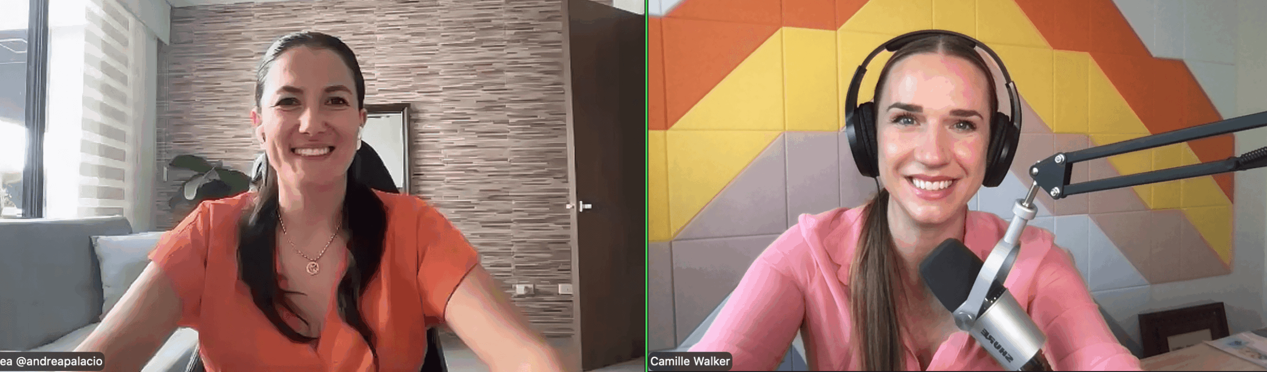 Two women smiling during a video call, one with headphones and a microphone, in a bright room with a colorful background.