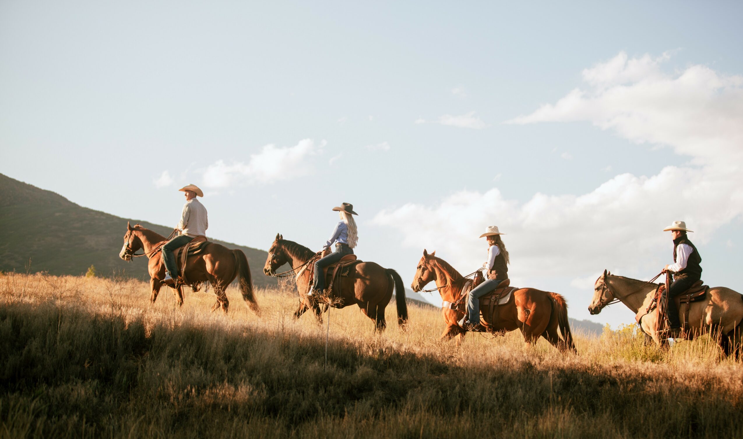 Group of six people riding horses across a grassy field with a hill and sky in the background.
