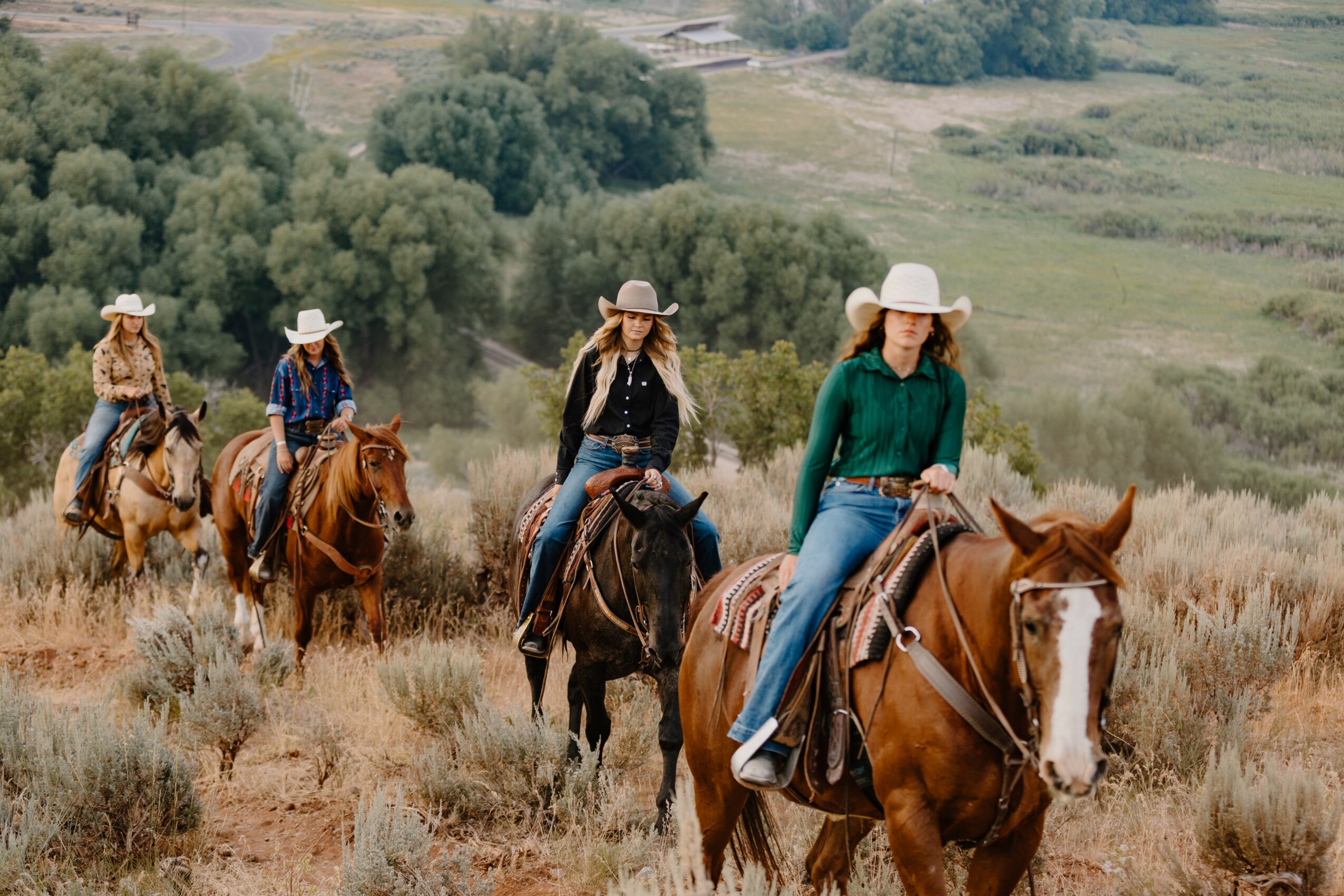 Four people riding horses through a grassy landscape with trees and hills in the background.