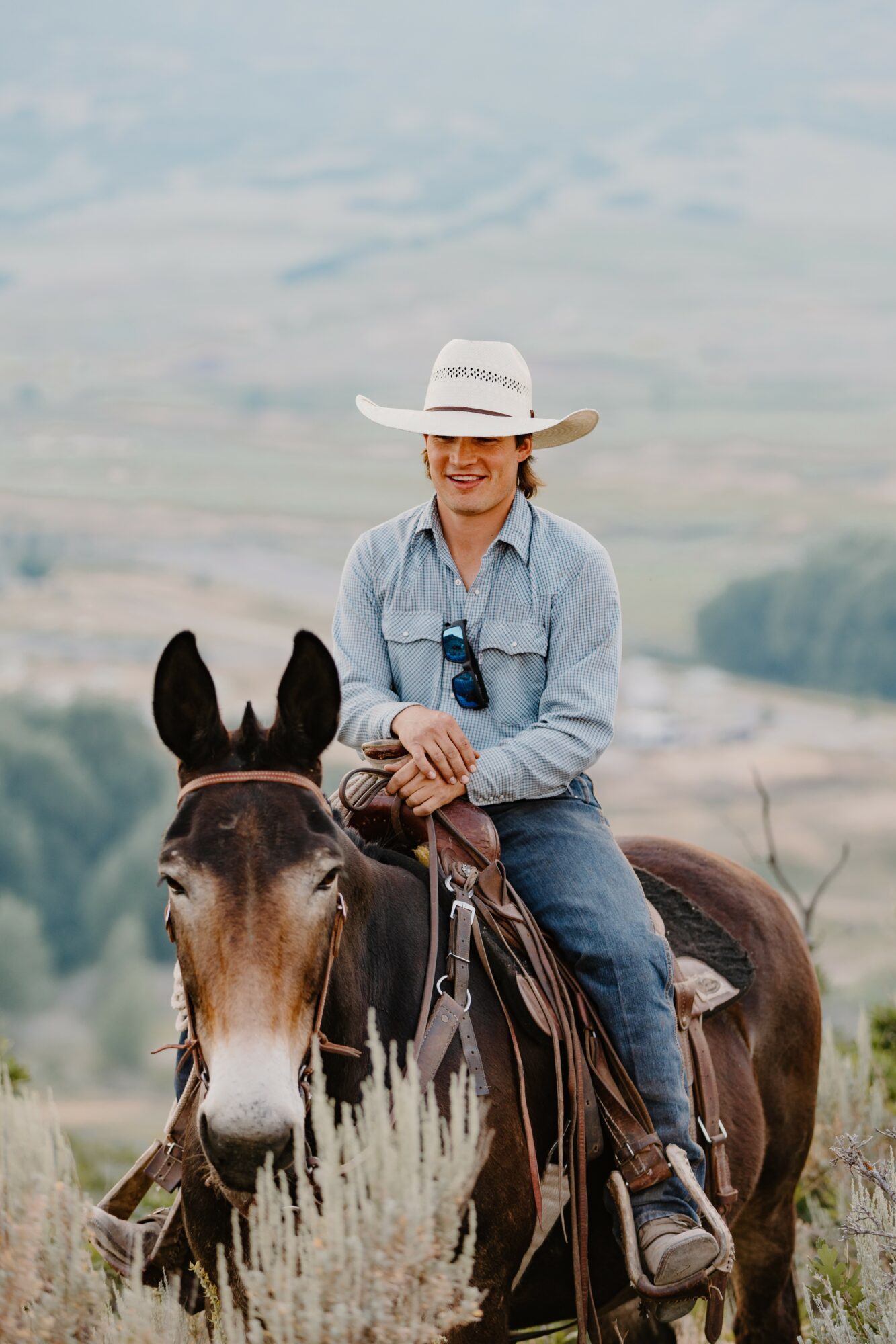 Woman wearing a hat and denim shirt riding a horse in a rural landscape.