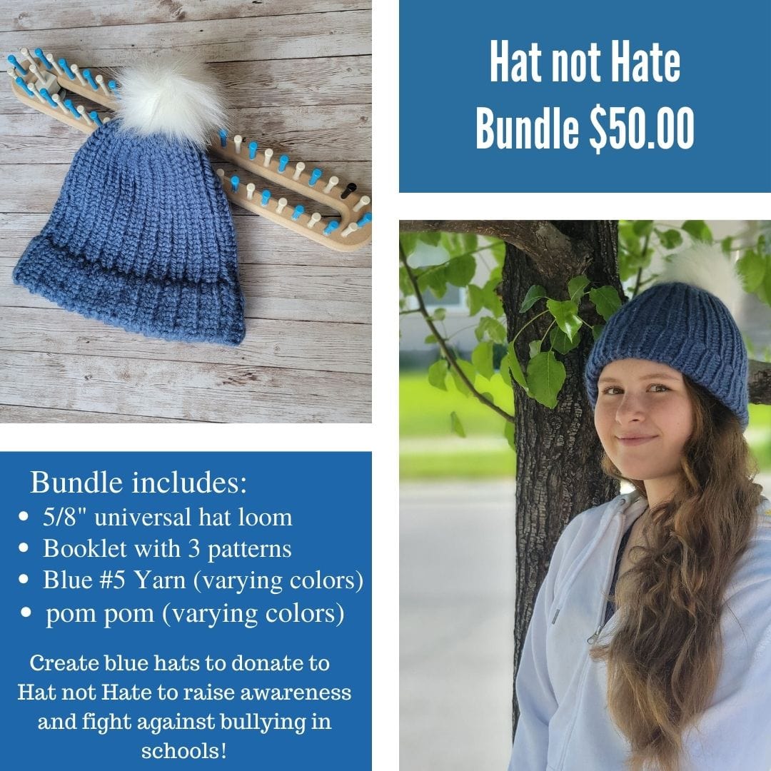 Blue knitted hat with pom-pom on a wooden surface, girl wearing a similar hat outdoors, promotional text about Hat not Hate bundle.