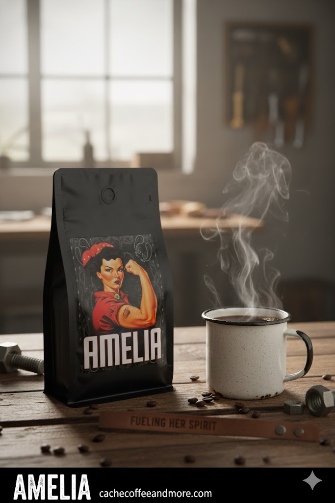 A black bag with a vintage-style illustration of a woman and the name 'Amelia' on a wooden table, next to a steaming mug and scattered coffee beans, in a room with a window and bookshelf in the background.