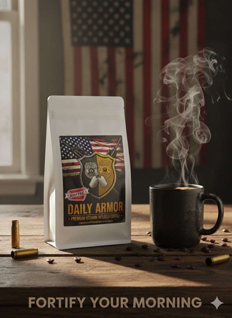 A bag labeled 'Daily Armor' with an owl illustration, a steaming black coffee mug, and scattered bullets on a wooden surface, with an American flag in the background.